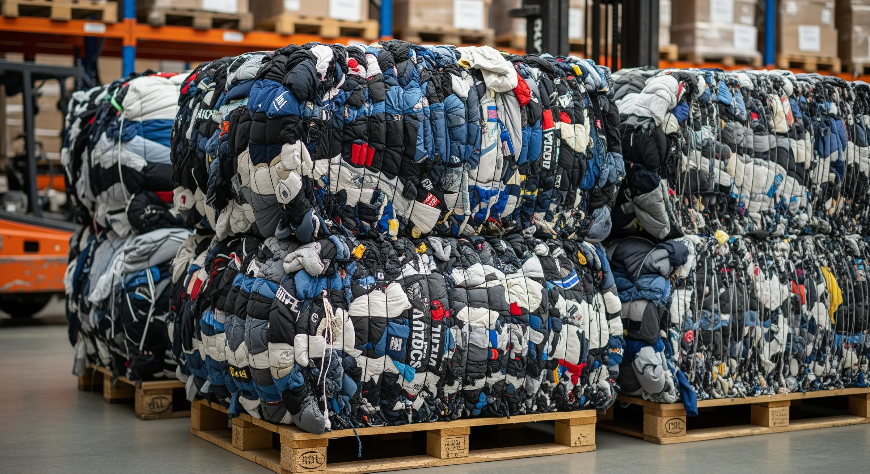 Mid-range view of tightly packed bales of used branded clothing on pallets inside a modern warehouse, showing colorful fabric layers