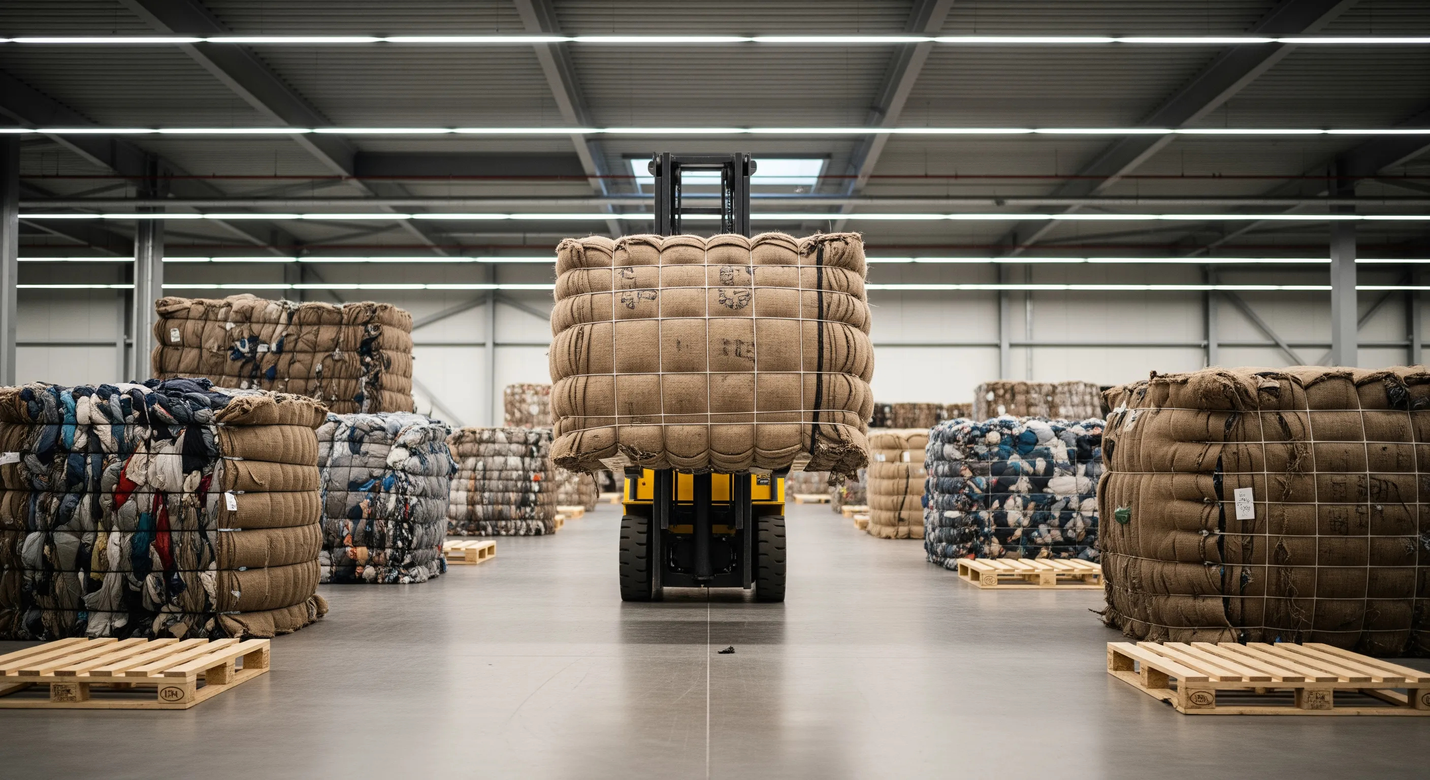 Forklift lifting a large bale of used clothing in a clean logistics warehouse with European pallets visible