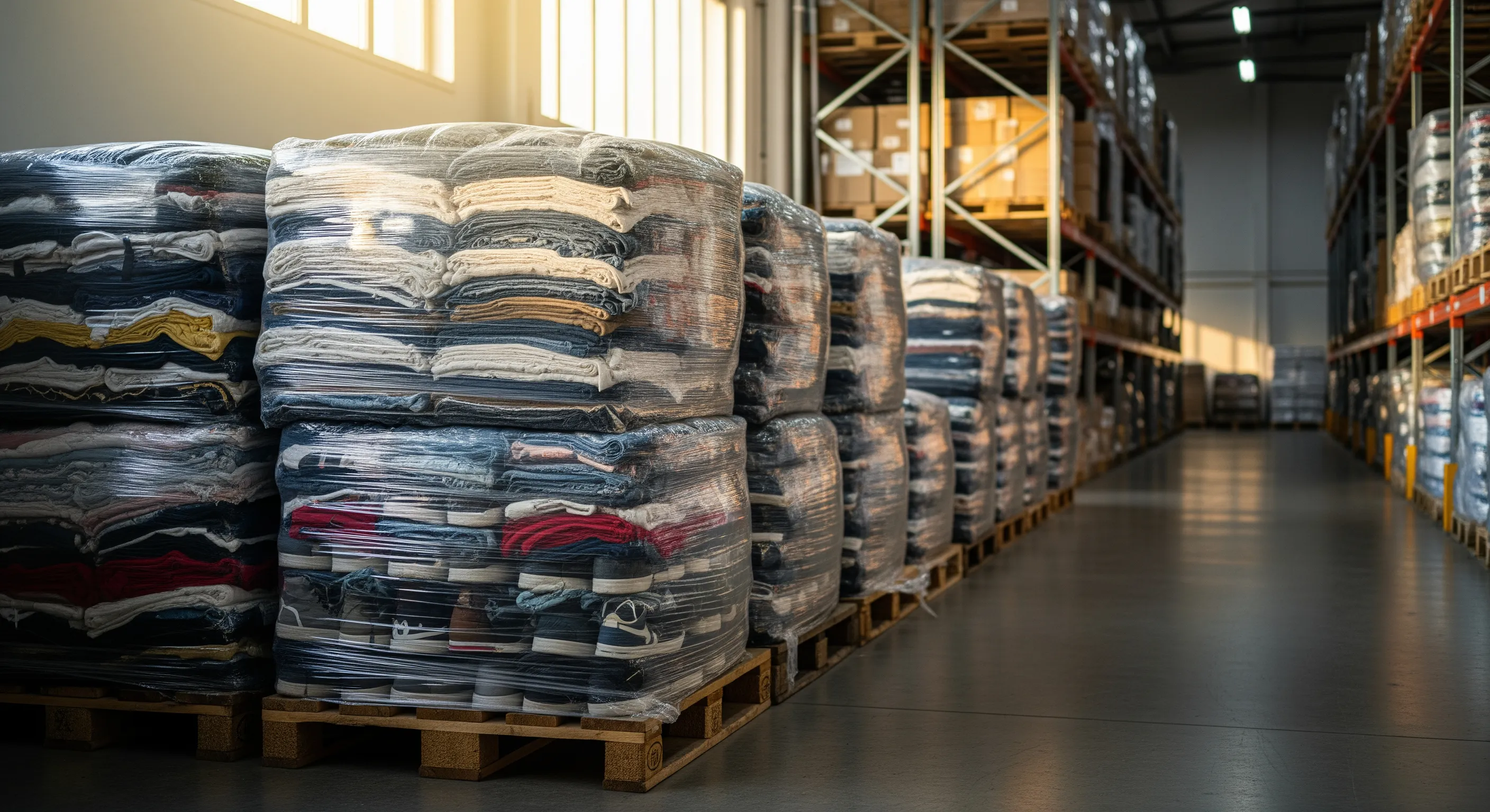 Stacked bales of second hand clothes and shoes on pallets inside a well-lit warehouse, highlighting bulk wholesale inventory