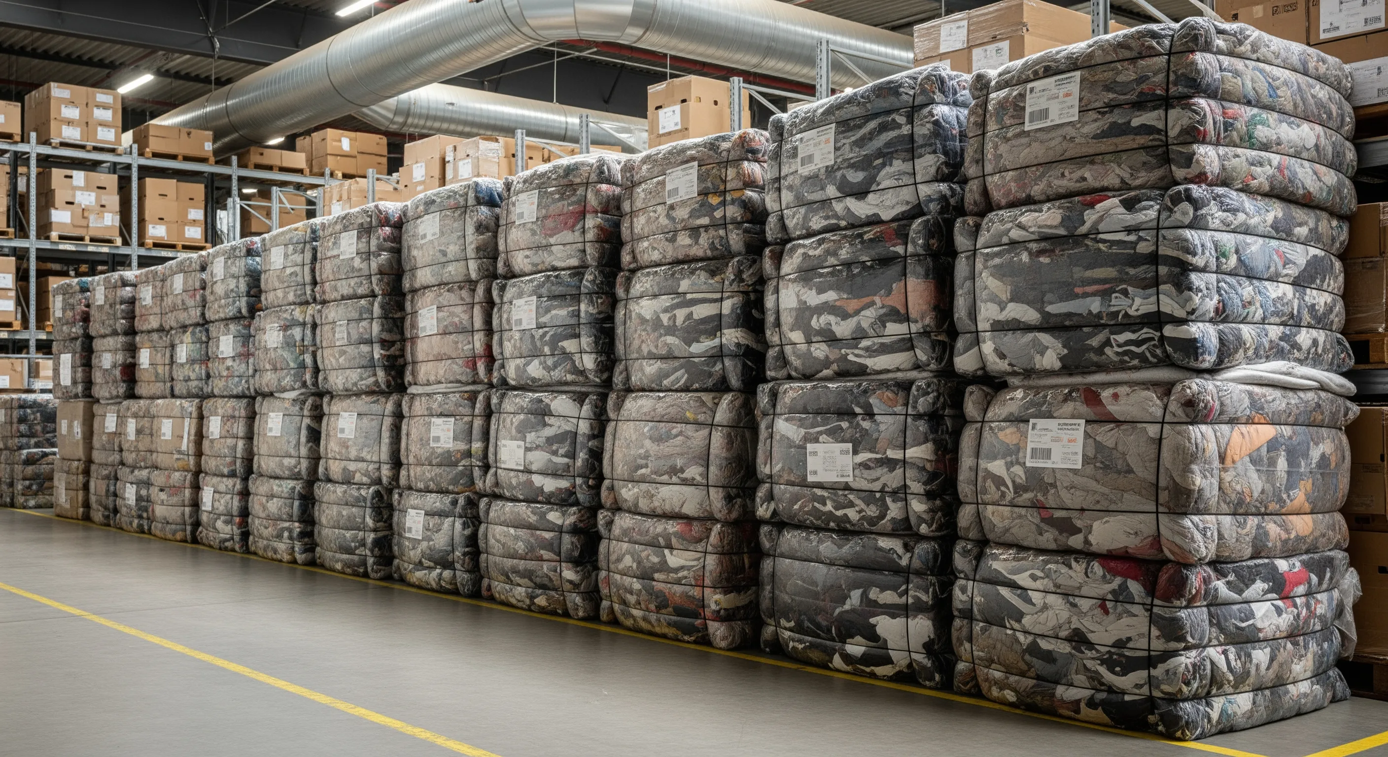 Mid-range view of neatly arranged bales of used clothing in spacious industrial warehouse aisles