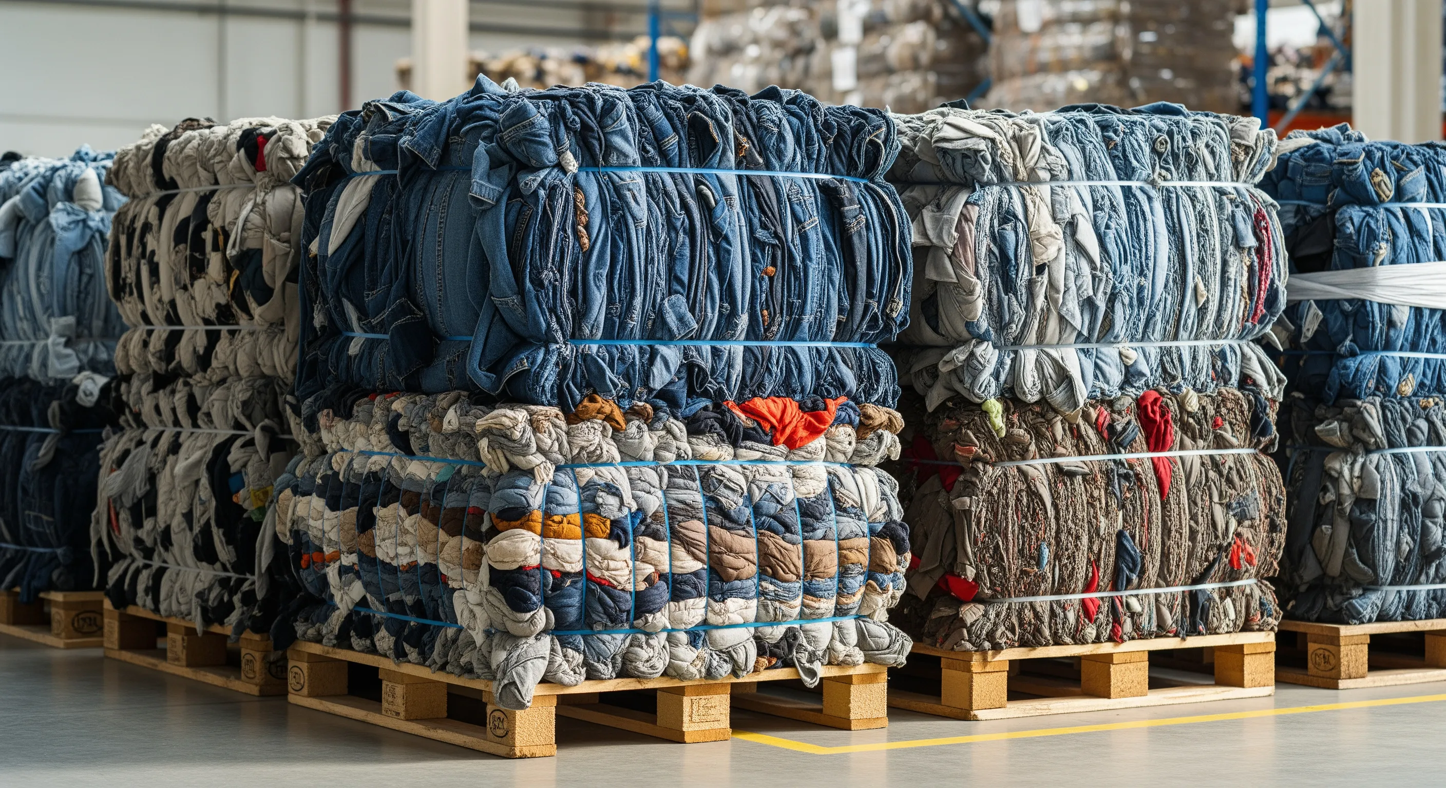 Mid-range view of compressed bales of used clothing on pallets in a clean industrial warehouse