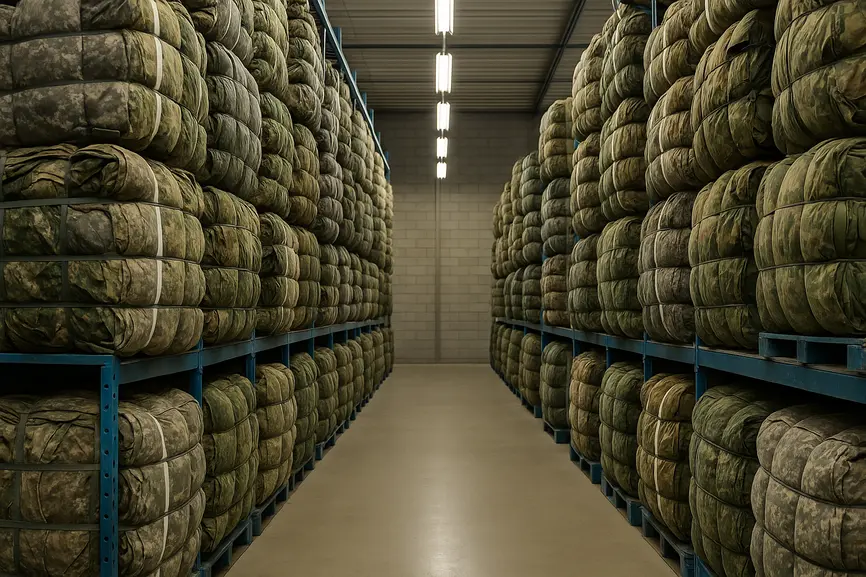 Aisle in a warehouse lined with large stacked bales of second-hand military clothing under industrial lighting.