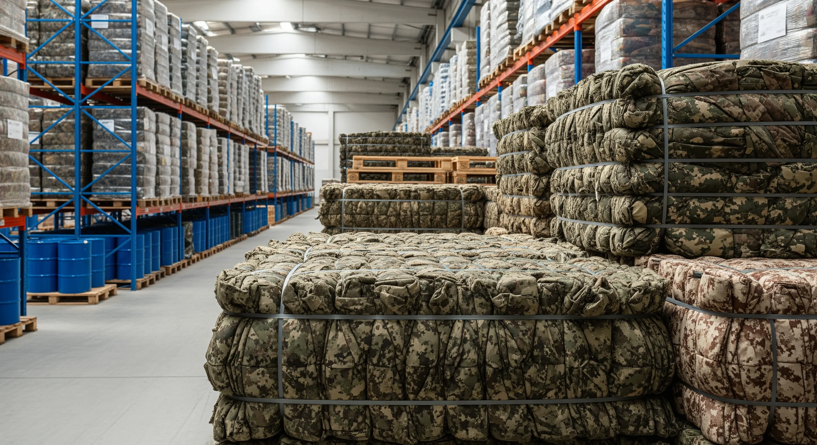 Organized stacks of compact bales of vintage military clothing inside a clean high-ceilinged warehouse with natural light.