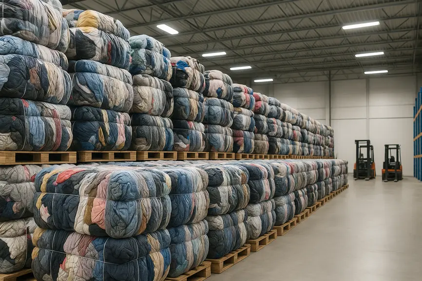 Rows of tightly packed bales of second-hand clothing on pallets inside a well-lit, organized warehouse.