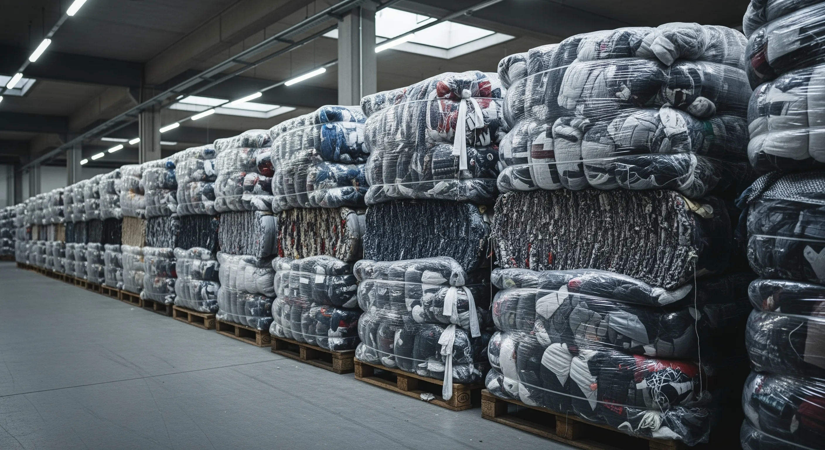 Mid-shot of neatly arranged sturdy bales of used apparel on pallets inside an Italian wholesale warehouse