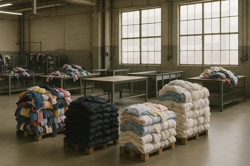 Sorting area inside a wholesale warehouse in Milan with grouped bales of second-hand clothing and sorting equipment in natural daylight.