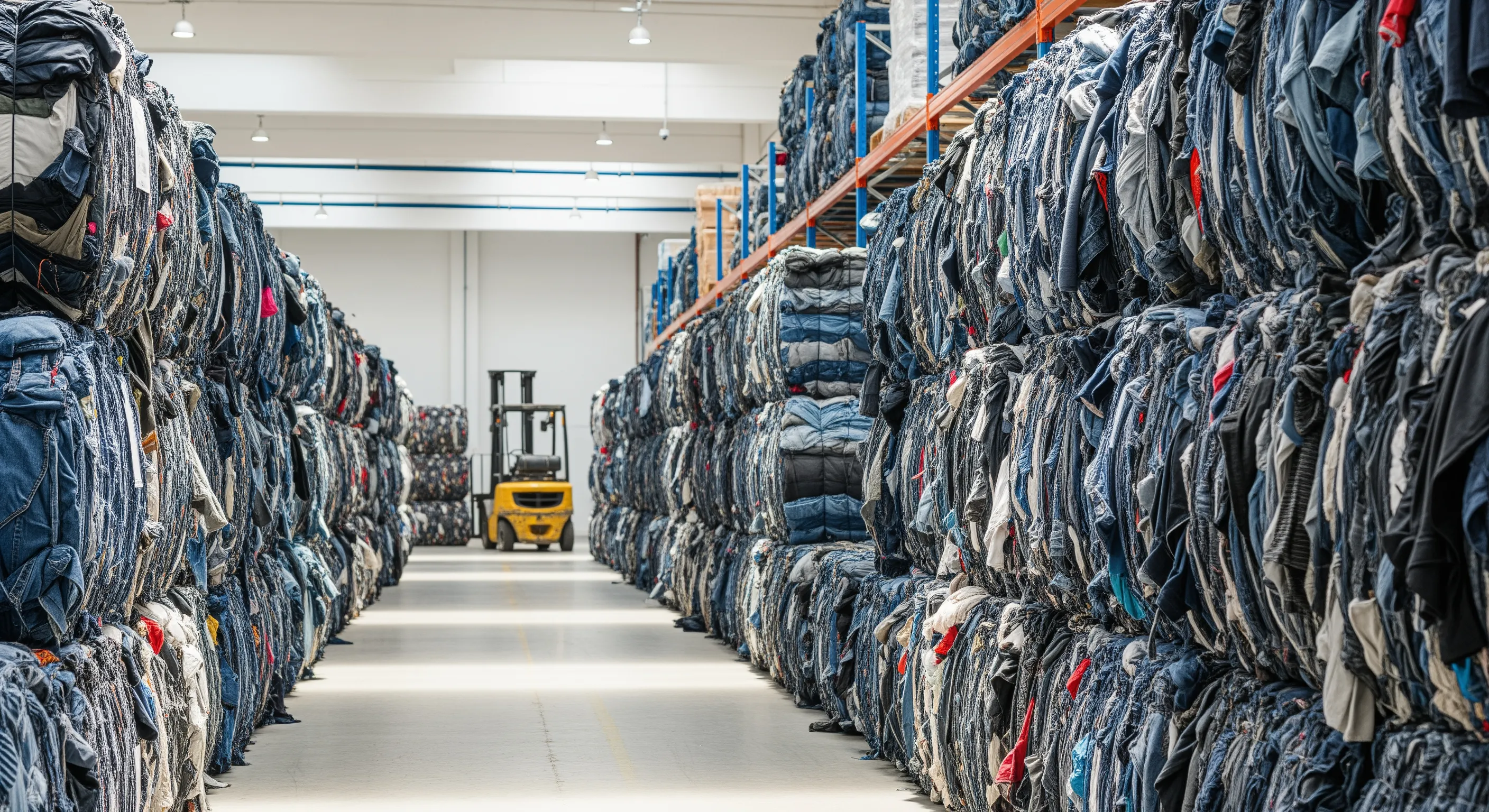 Rows of large bales of used clothing stacked in a bright, clean warehouse typical of Milano wholesale supply