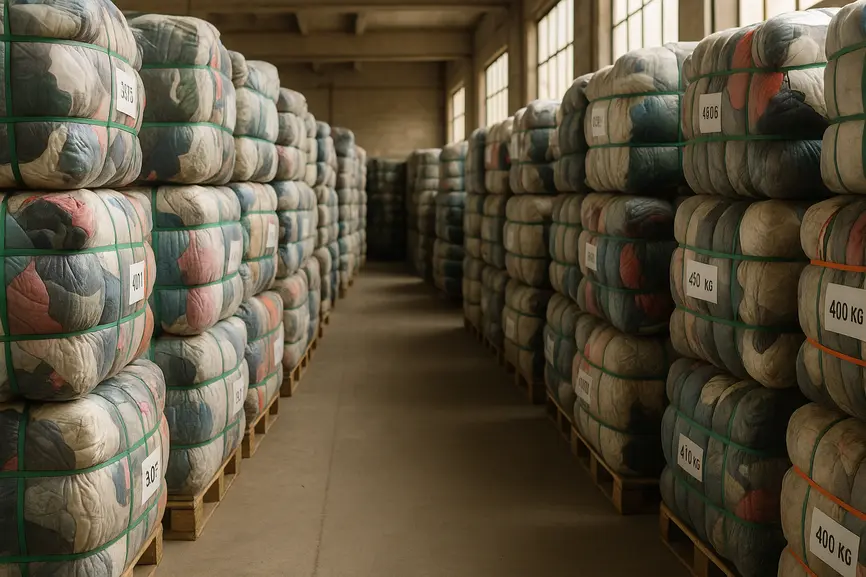 Warehouse aisle lined with large compressed bales of used clothing wrapped for wholesale stock in Prato, lit by natural daylight.