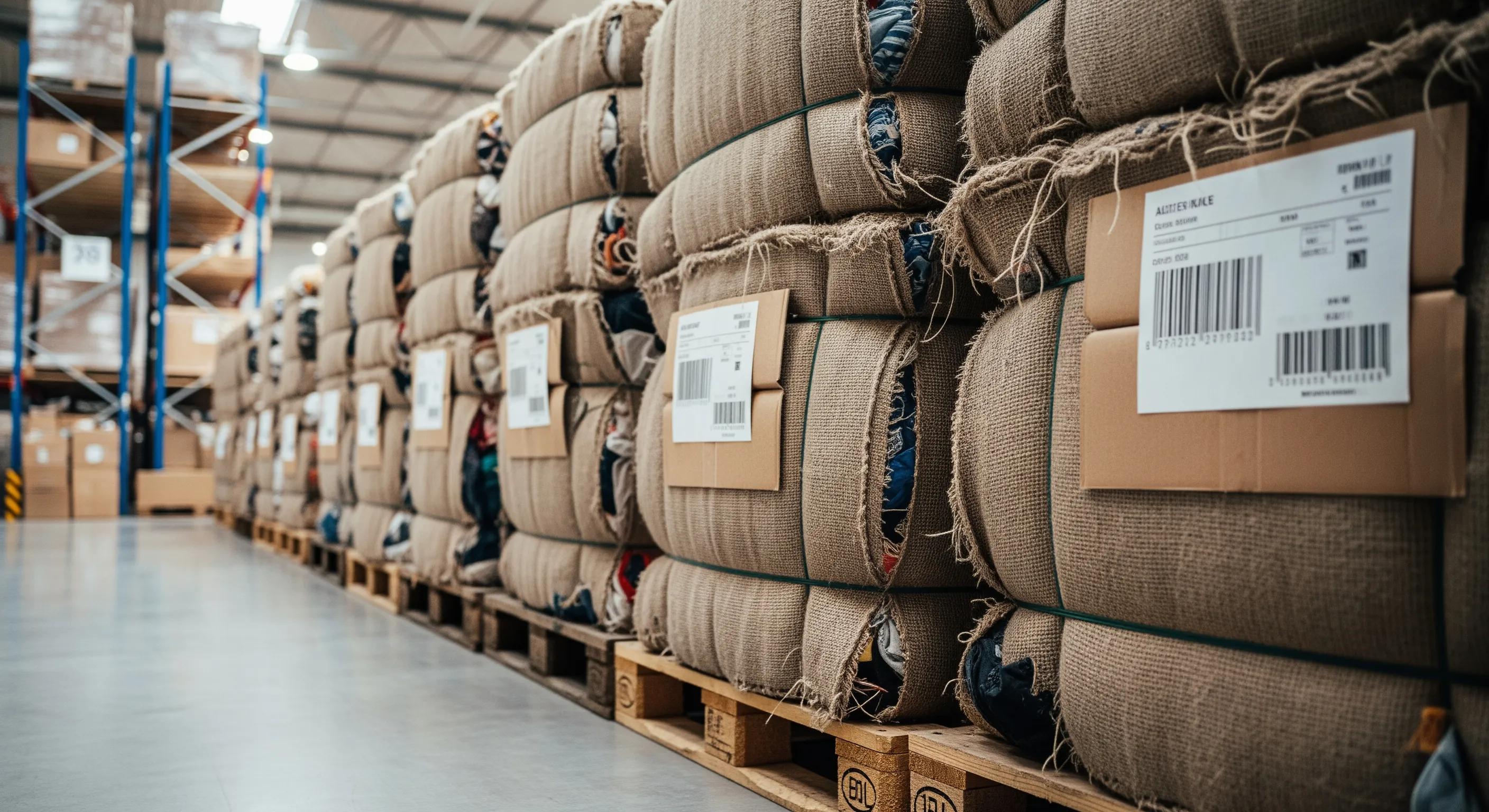 Mid-view of neatly stacked compressed bales of used clothes on pallets arranged in aisles within a spacious warehouse