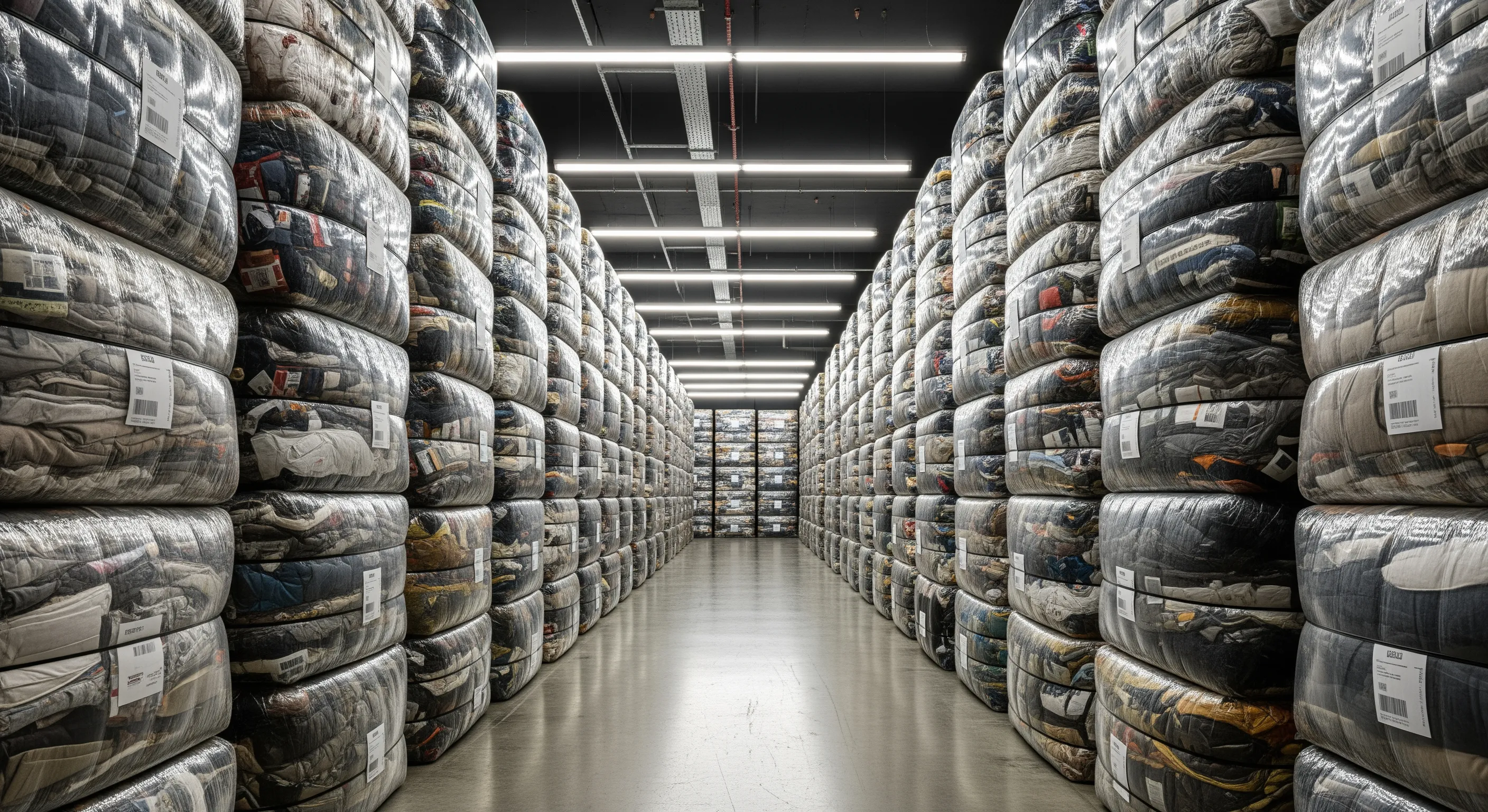Aisle view of industrial shelving filled with compressed bales of used apparel stacked at human height in a clean warehouse setting.