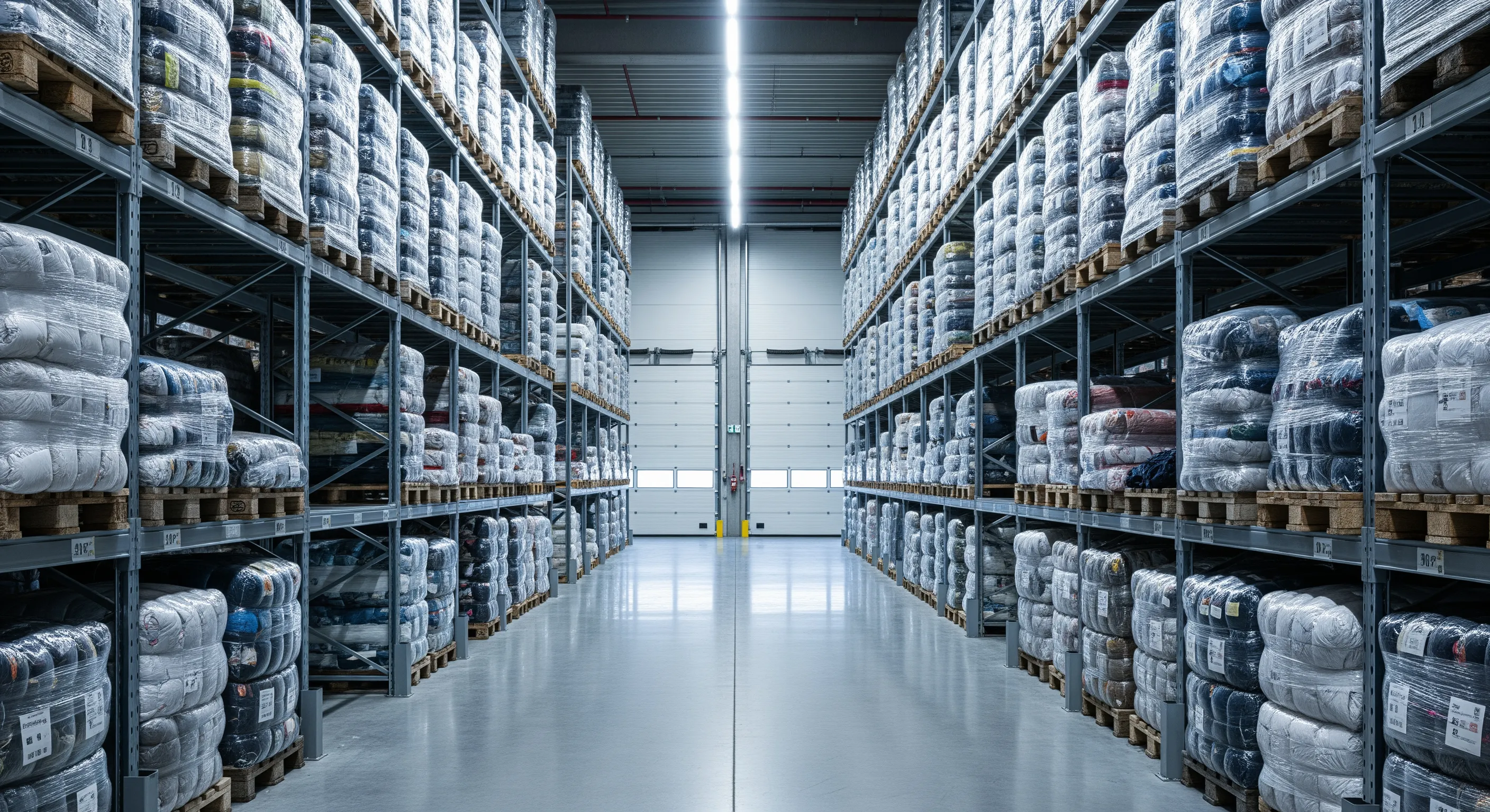 Rows of tall shelves loaded with compressed bales of used clothes in an Italian wholesale warehouse aisle.