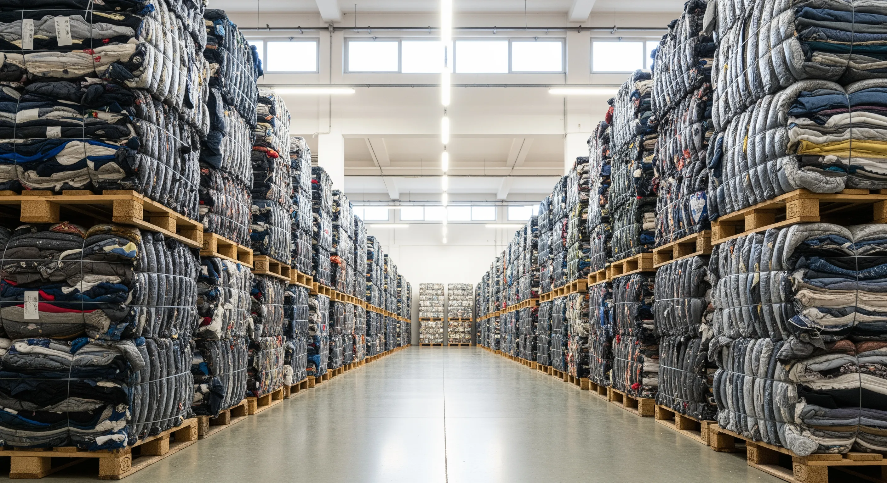Aisle inside a warehouse with rows of compacted clothing bales stacked to nearly human height under soft natural and industrial lighting.