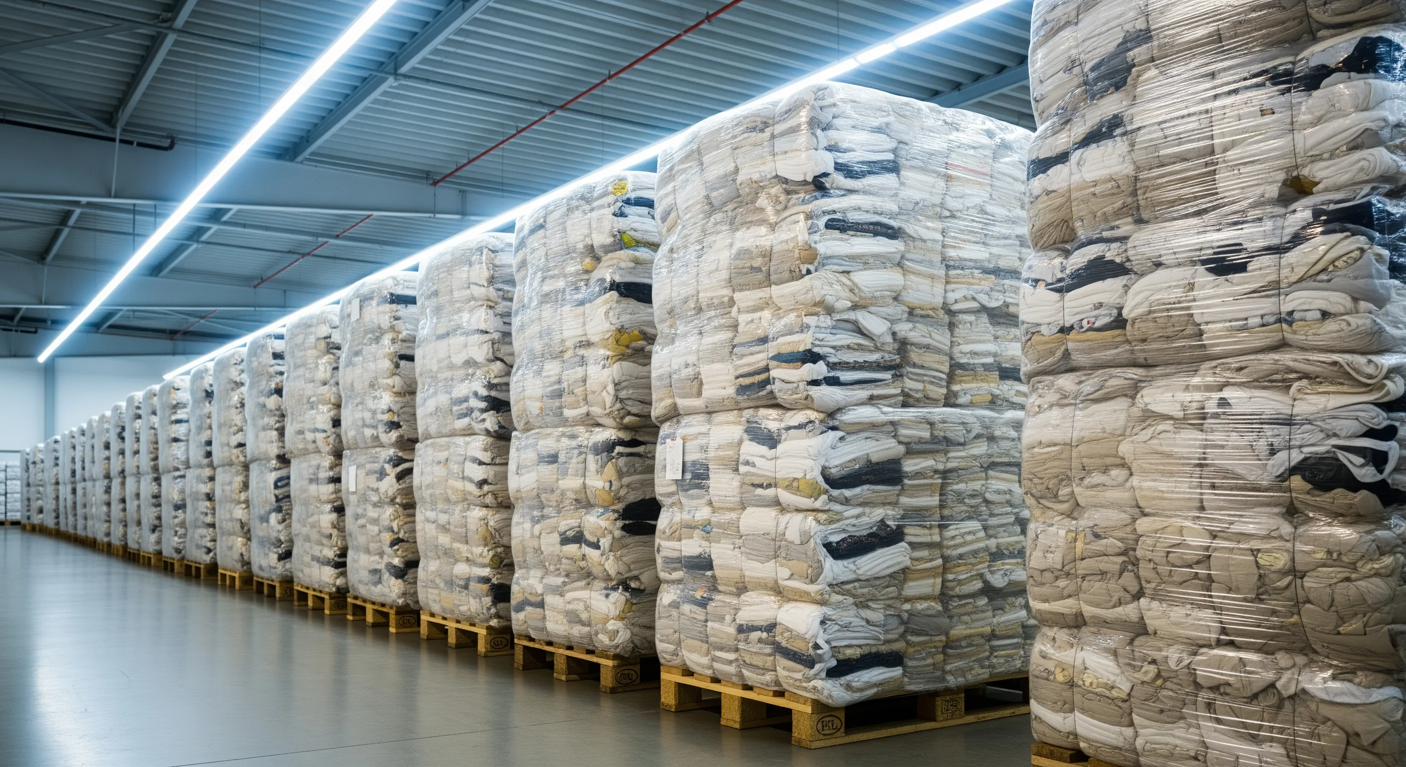 Warehouse aisle with pallets of large compressed bales of used cream clothing lined up ready for bulk wholesale supply