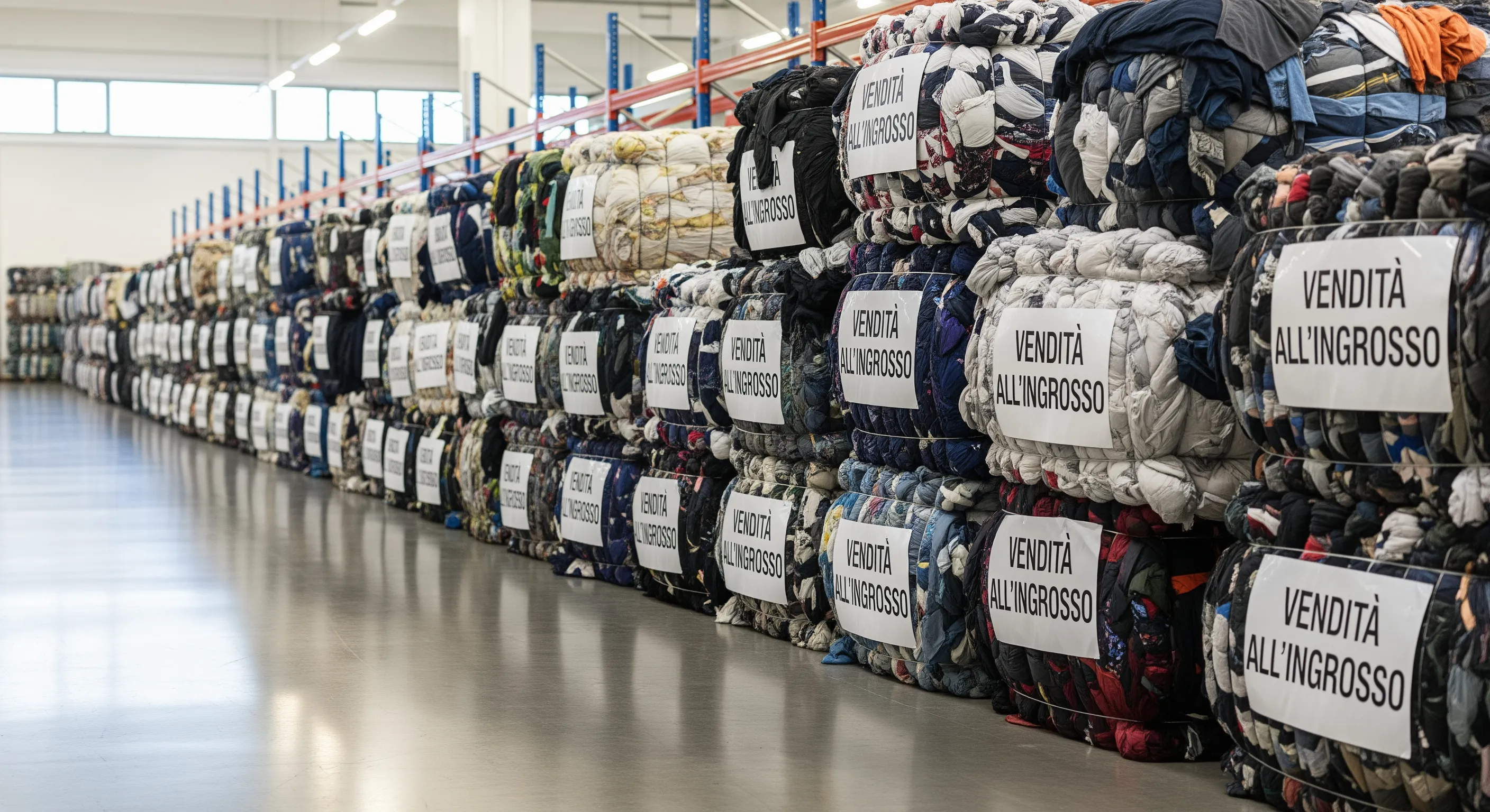 Neatly arranged large bales of used clothing in an organized wholesale warehouse environment in Italy