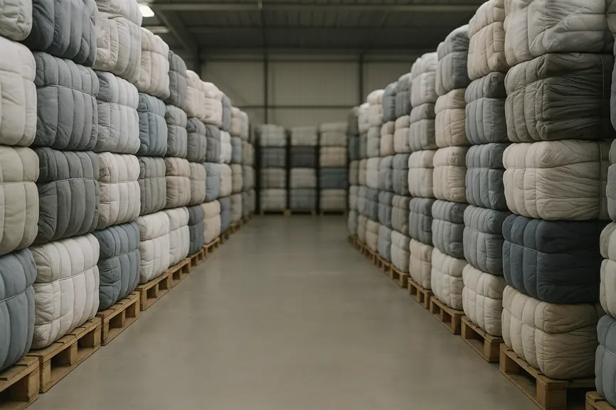 Aisle view inside a neatly organized warehouse with rows of second-hand clothing bales on pallets