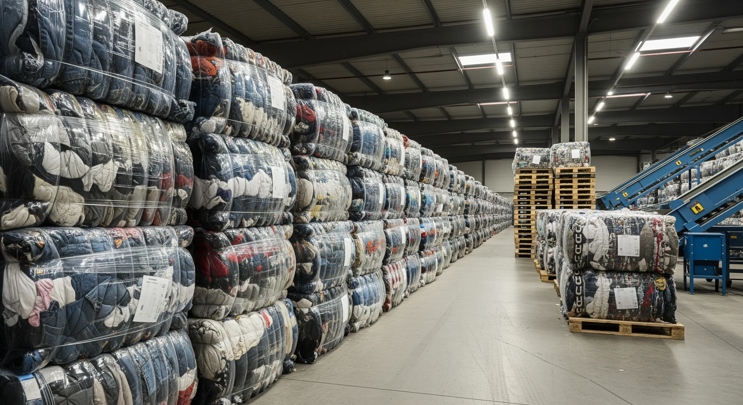 Rows of compressed bales of used clothing stacked in an organized warehouse with industrial lighting.