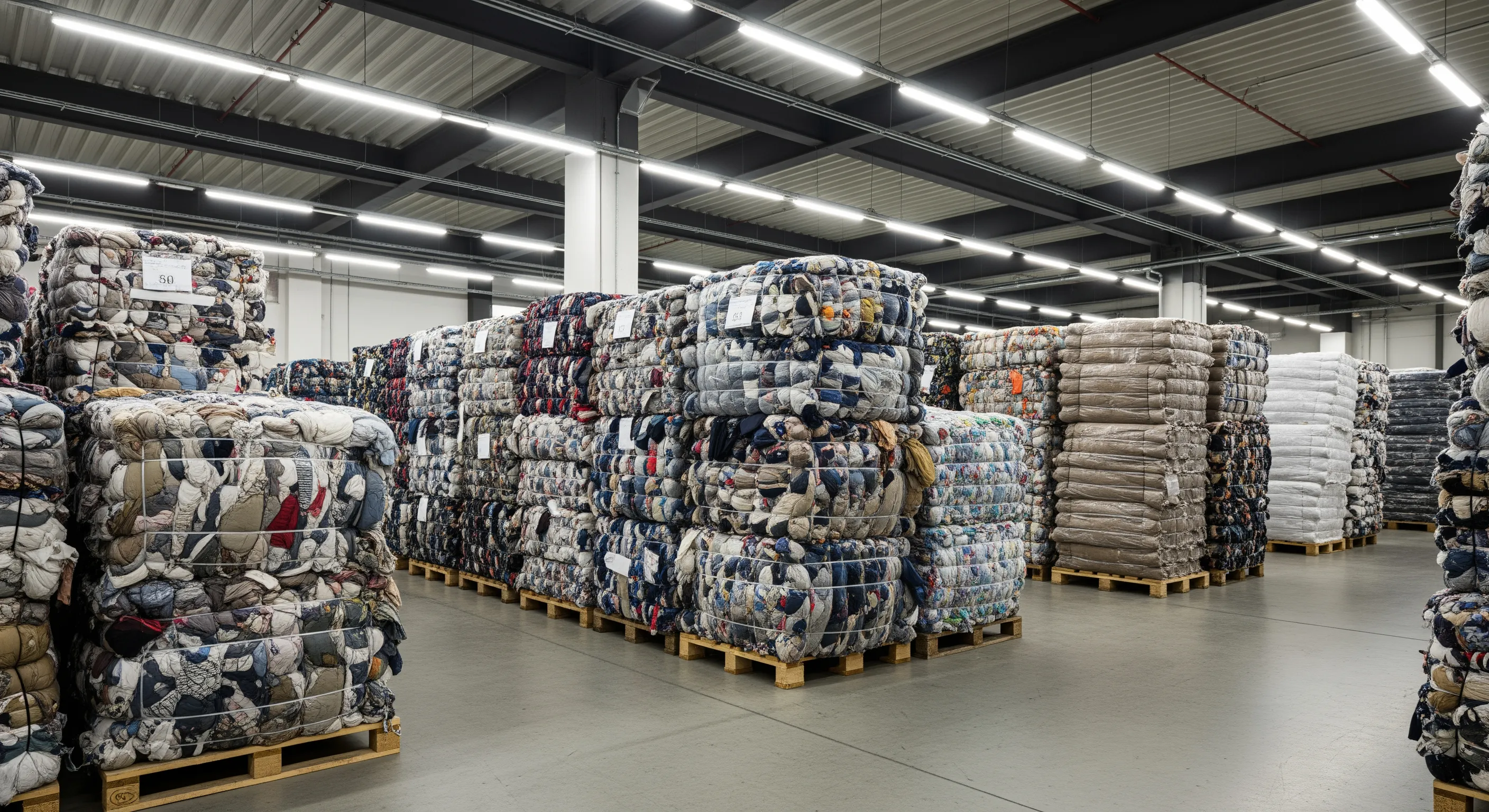 Stacks of human-height compressed bales of used clothing arranged on pallets in a bright, organized warehouse