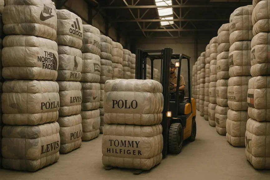 Forklift navigating between tall large bales of wholesale used branded clothing in an Italian warehouse.