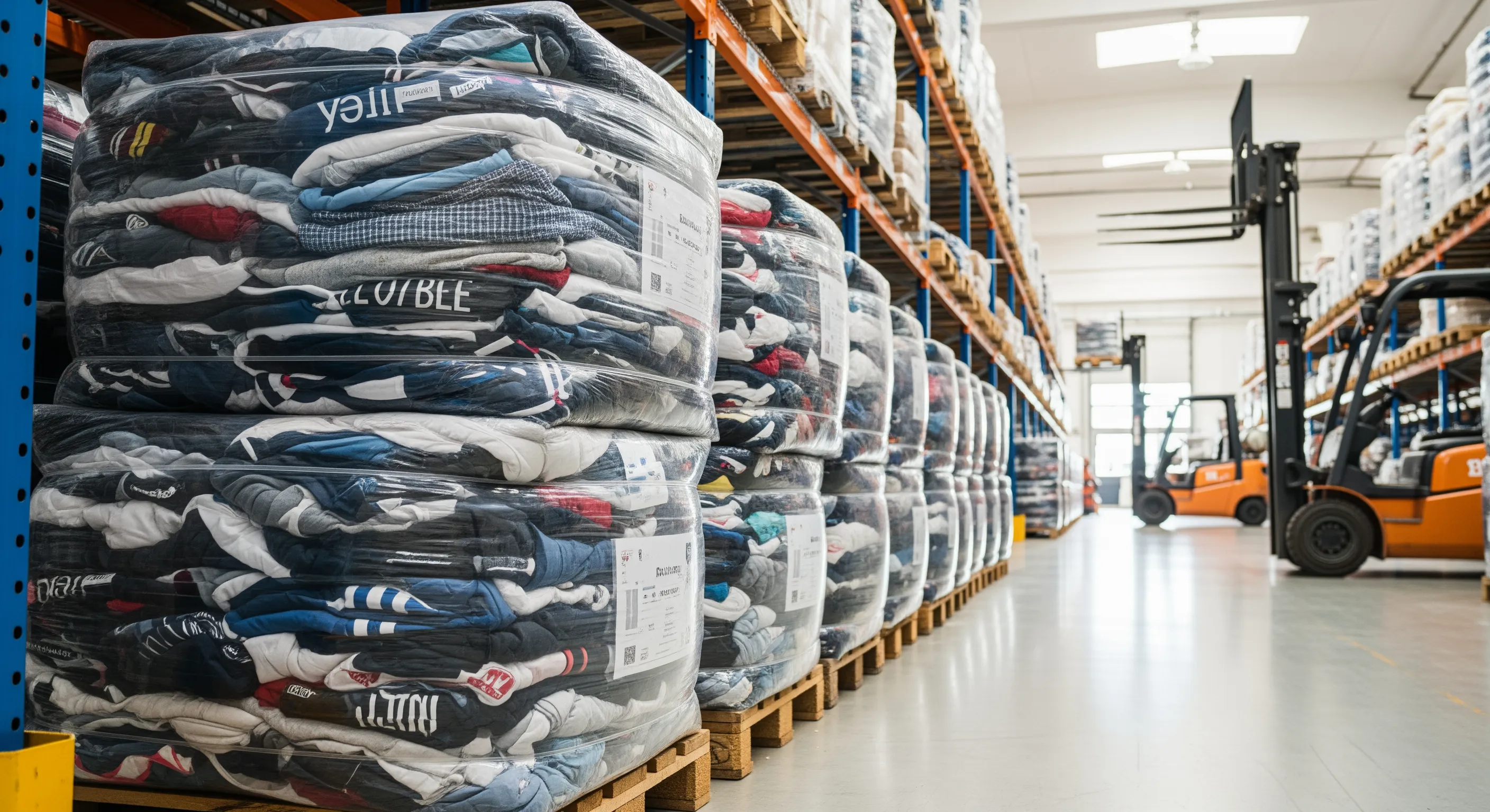 Side angle view inside a clean warehouse showing large compressed bales of used branded clothing stacked neatly on pallets.