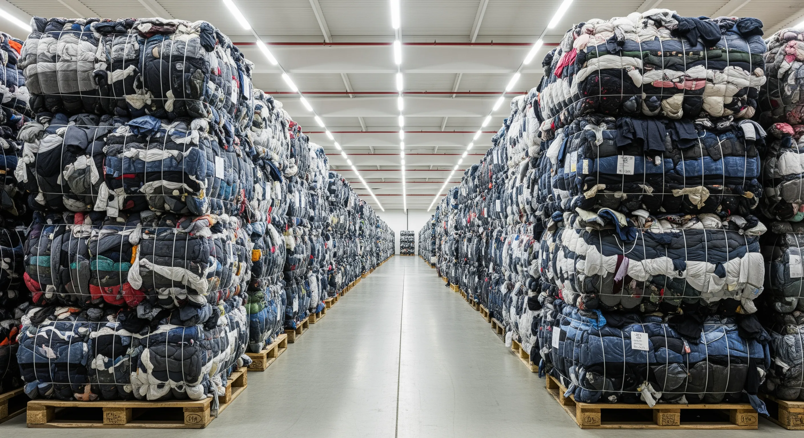 Rows of compressed bales of used branded clothing on pallets inside a clean wholesale warehouse in Italy