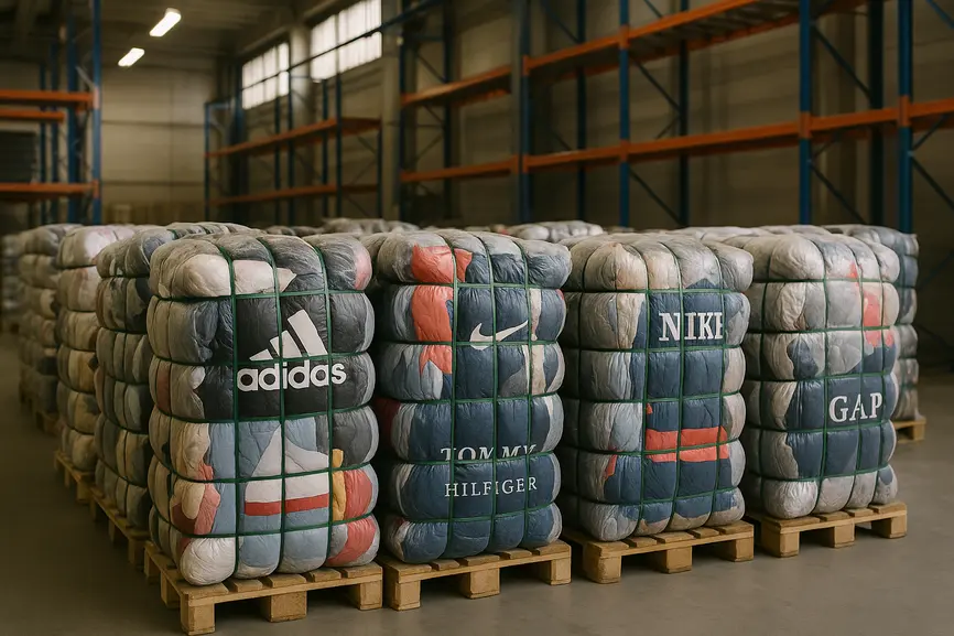 Rows of compact bales of second-hand branded clothing organized in a well-lit warehouse in Naples, ready for wholesale distribution.
