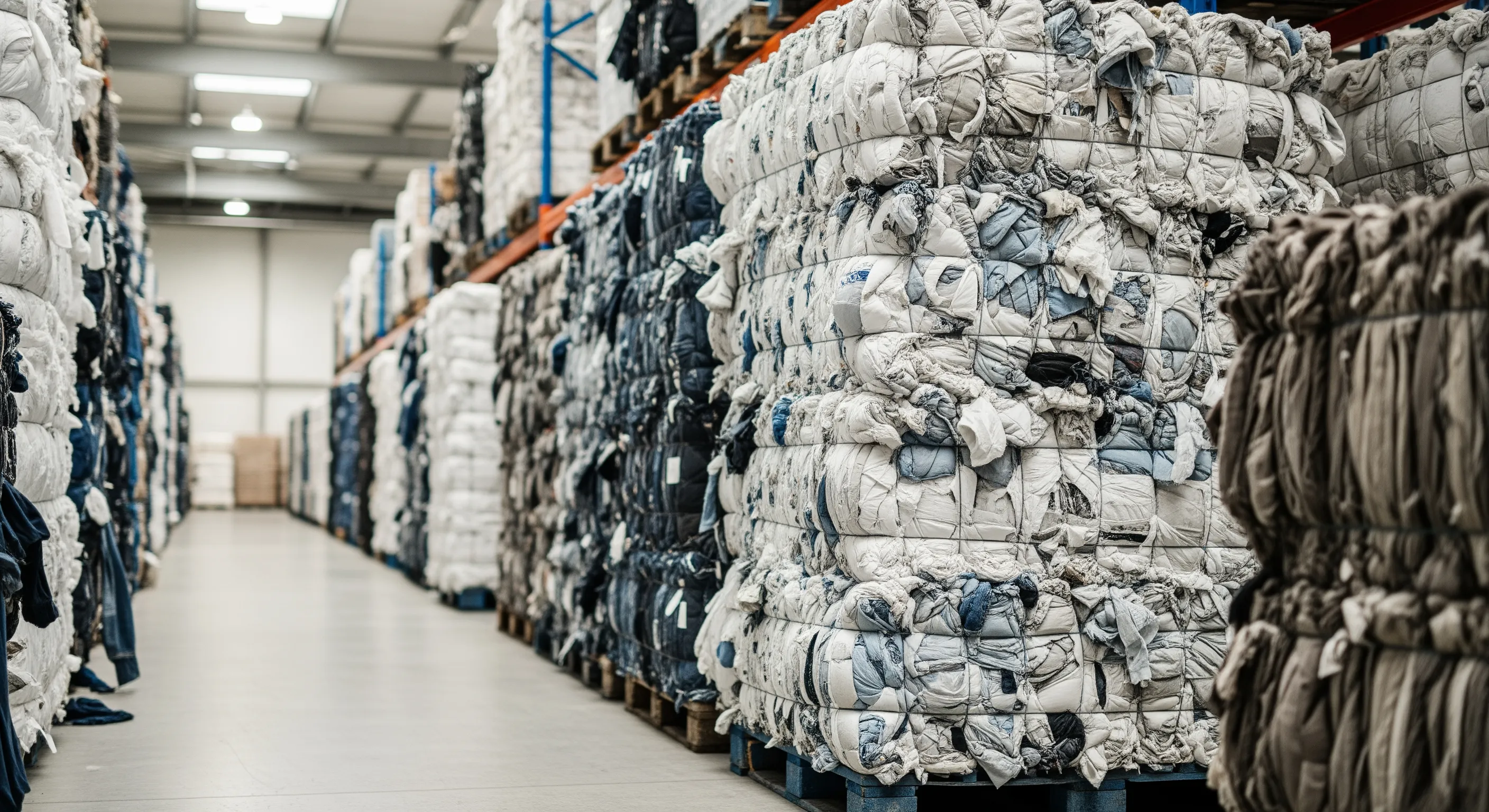 Warehouse aisle with rows of large compressed clothing bales arranged neatly for wholesale distribution in Italy