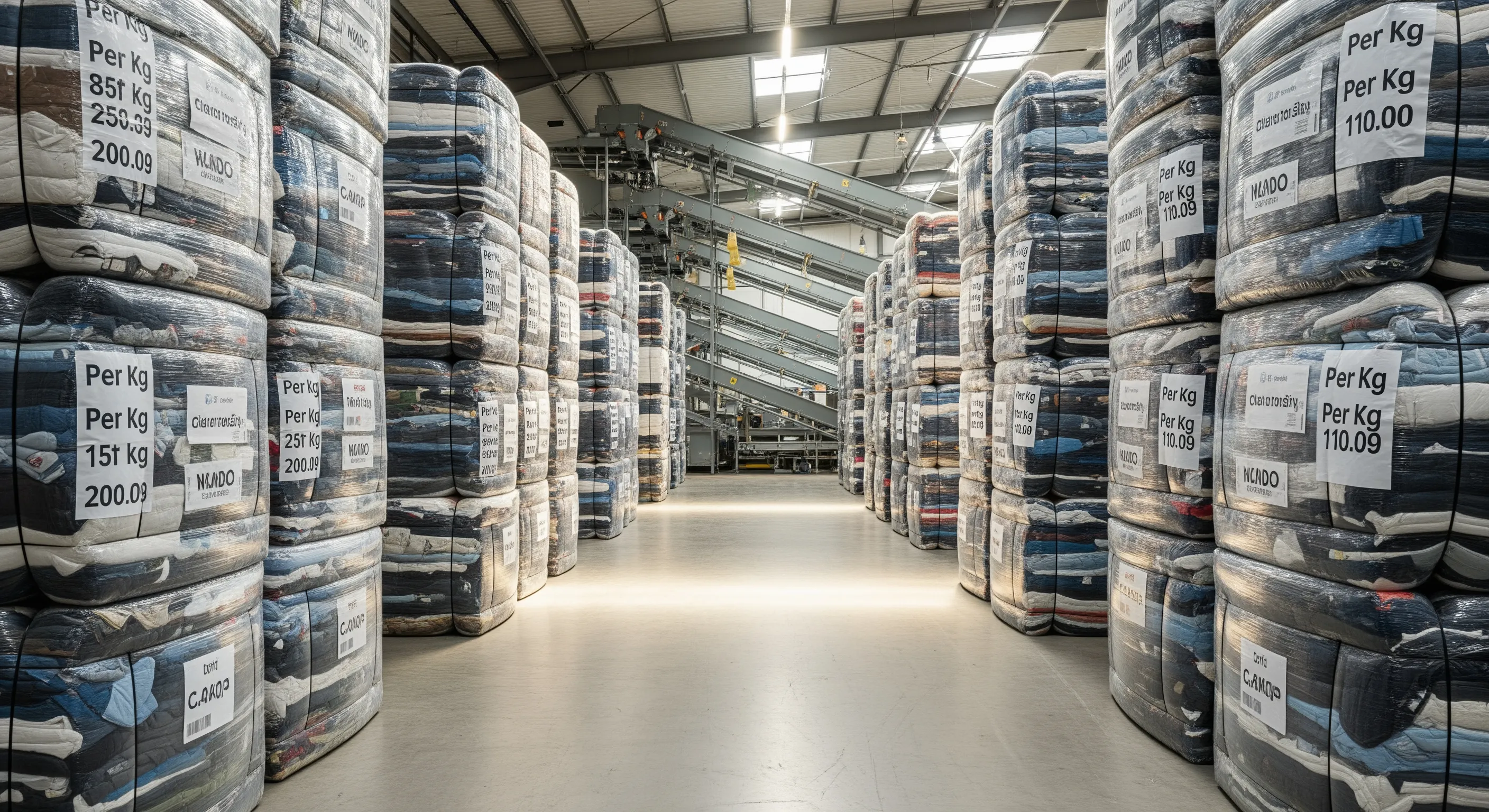 Warehouse aisle with rows of tightly wrapped large bales of used branded clothing packaged for bulk wholesale