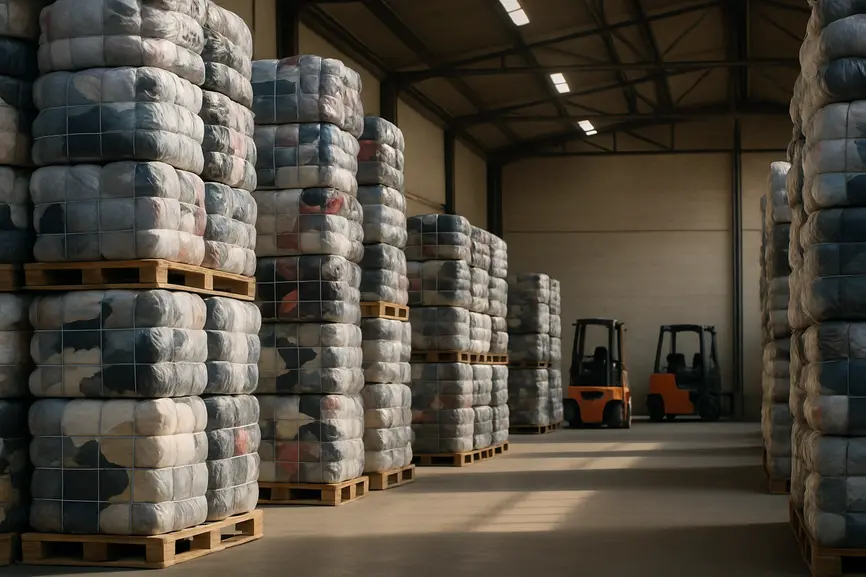 Mid-shot of tall stacks of compressed bales of stock used clothing in a clean, organized warehouse environment.
