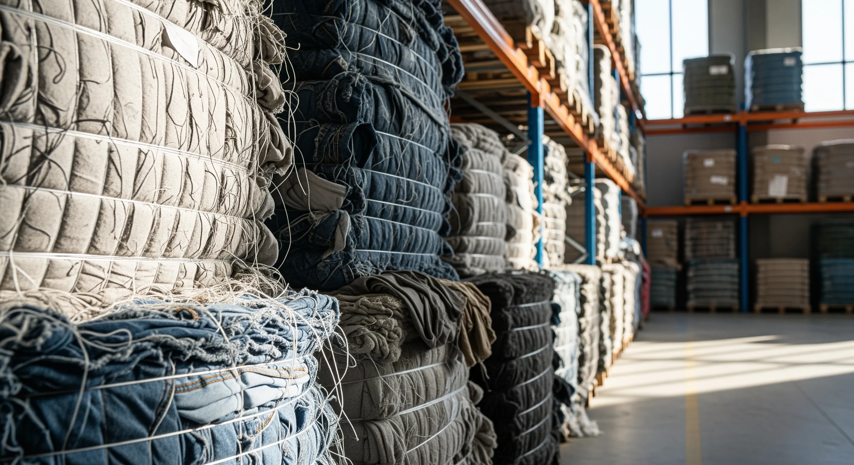 Row of compressed fabric bales of used clothing neatly arranged in a bright warehouse with natural lighting and industrial shelving
