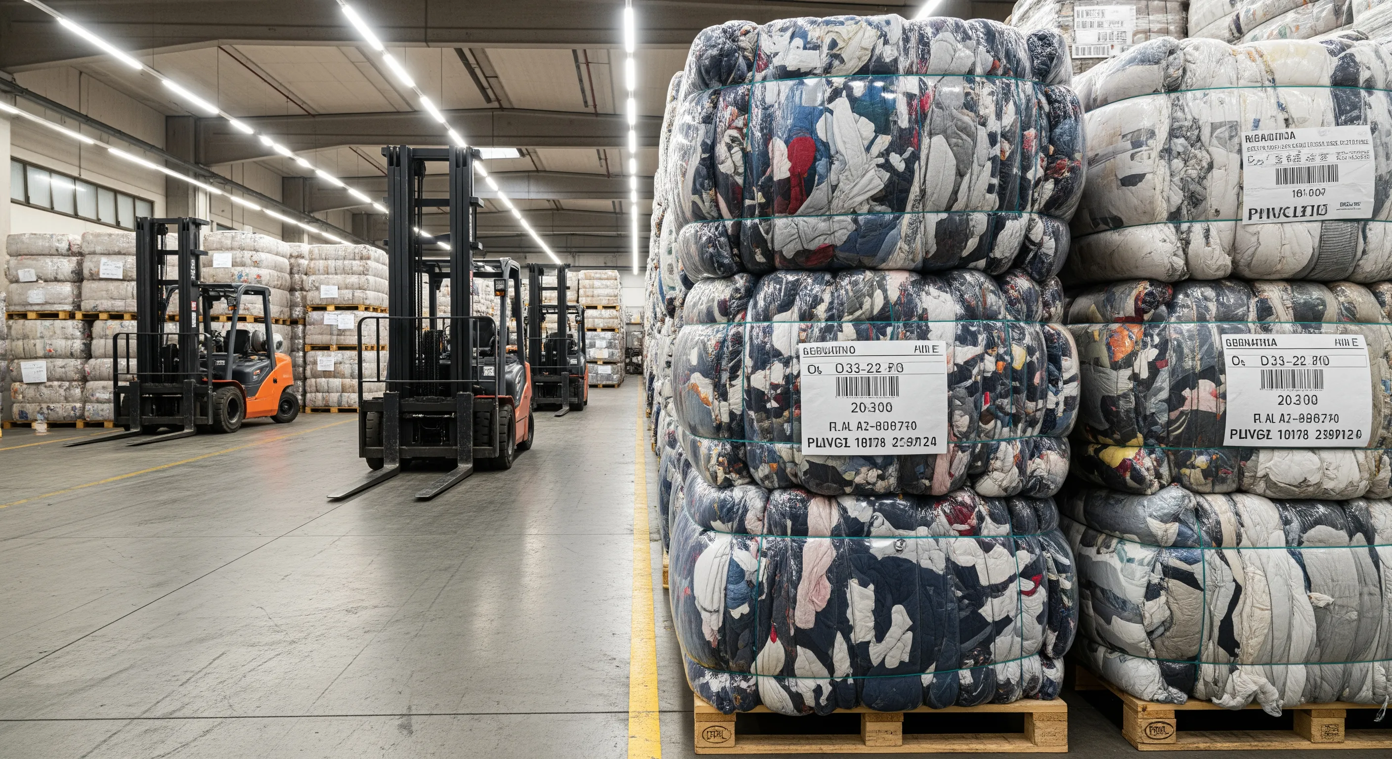 Warehouse aisle showing compressed bales of used and stock clothing ready for wholesale distribution, with forklifts in background