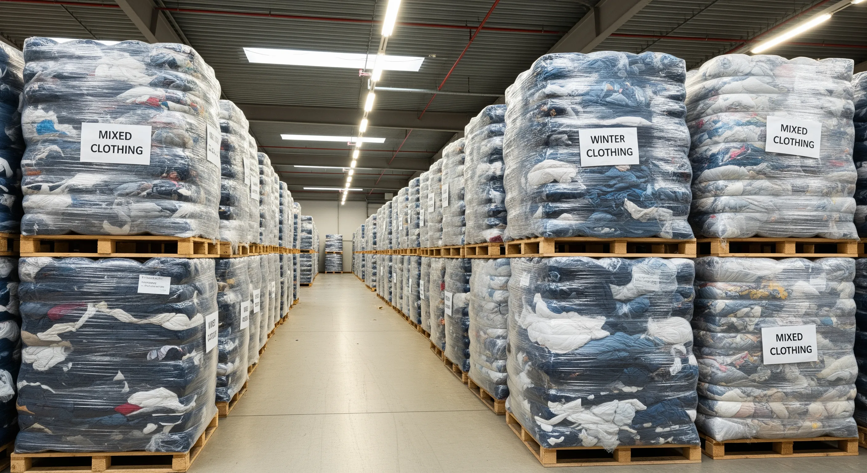 Rows of big bales of used garments stacked inside a neat wholesale warehouse with clear aisles