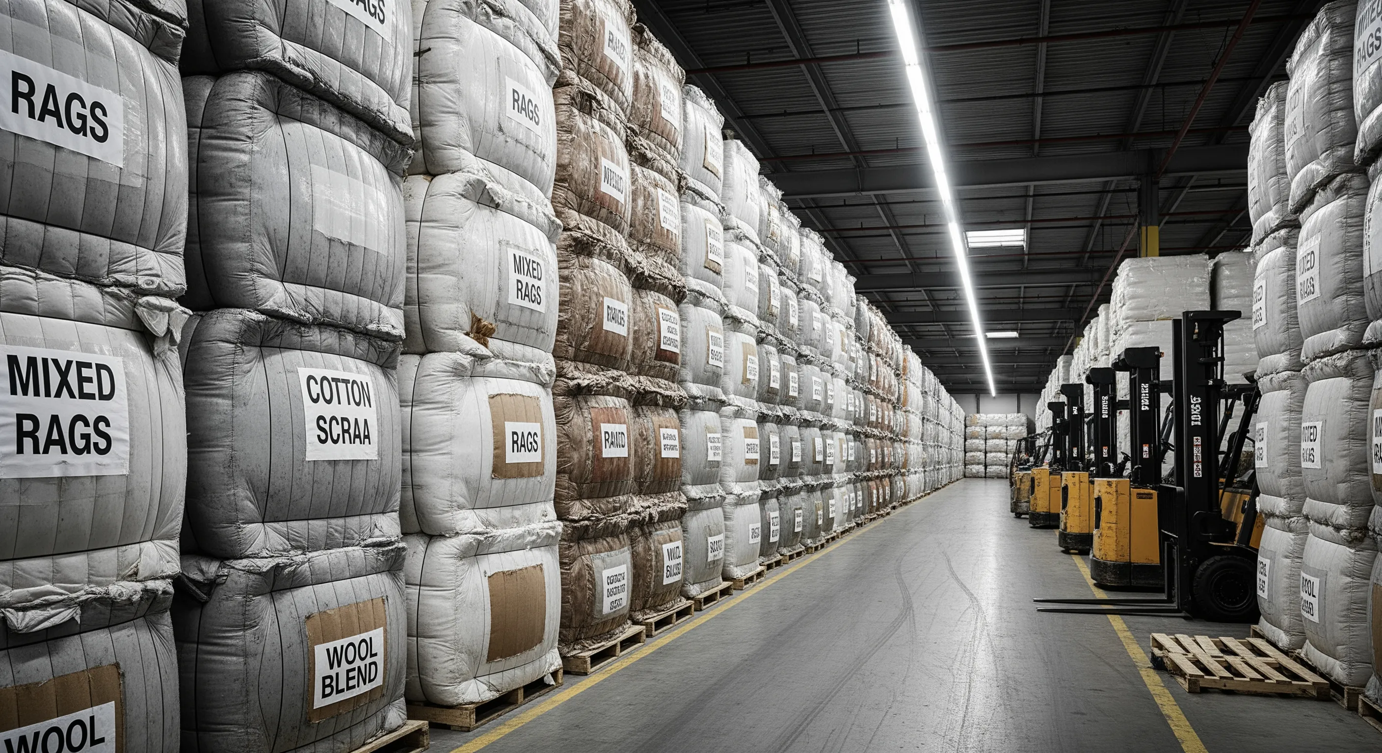 Rows of large second-hand clothing bales aligned in a clean industrial warehouse, highlighting bulk wholesale scale