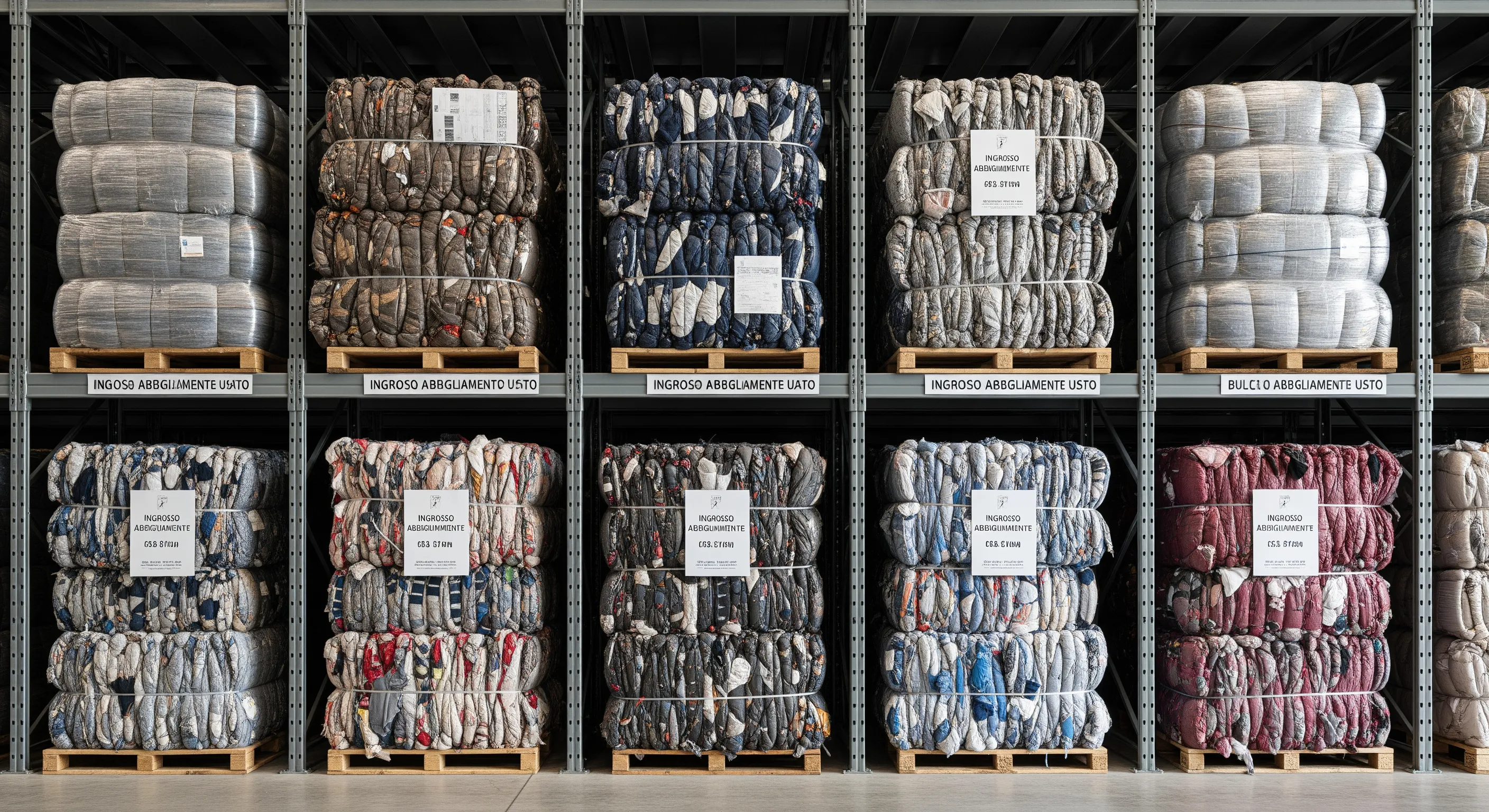 Rows of tall stacked bales with second-hand apparel in a modern warehouse, emphasizing bulk stock clothing storage.