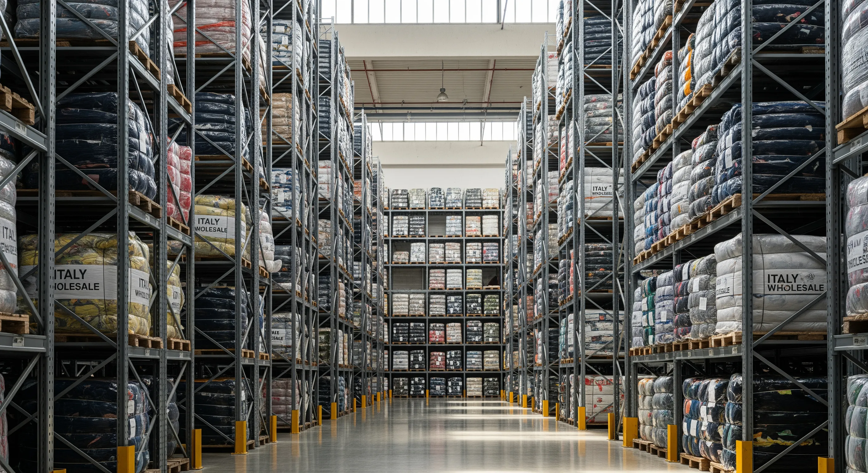 Rows of metal shelves inside a spacious warehouse holding multiple large bales of used clothing for wholesale