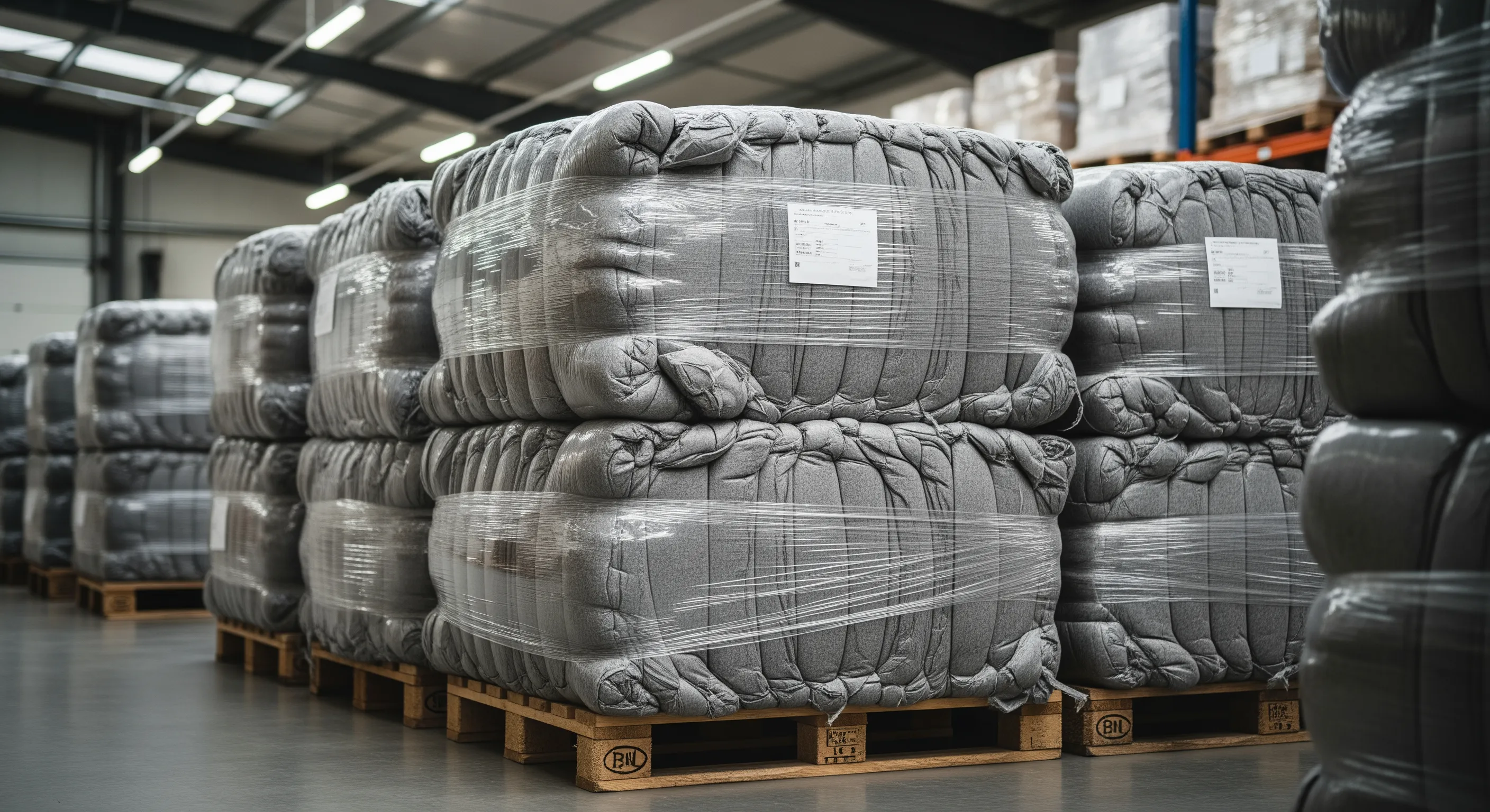 Mid-range shot showing stacked bales of bulk second-hand clothing wrapped and ready for transport in a neat warehouse