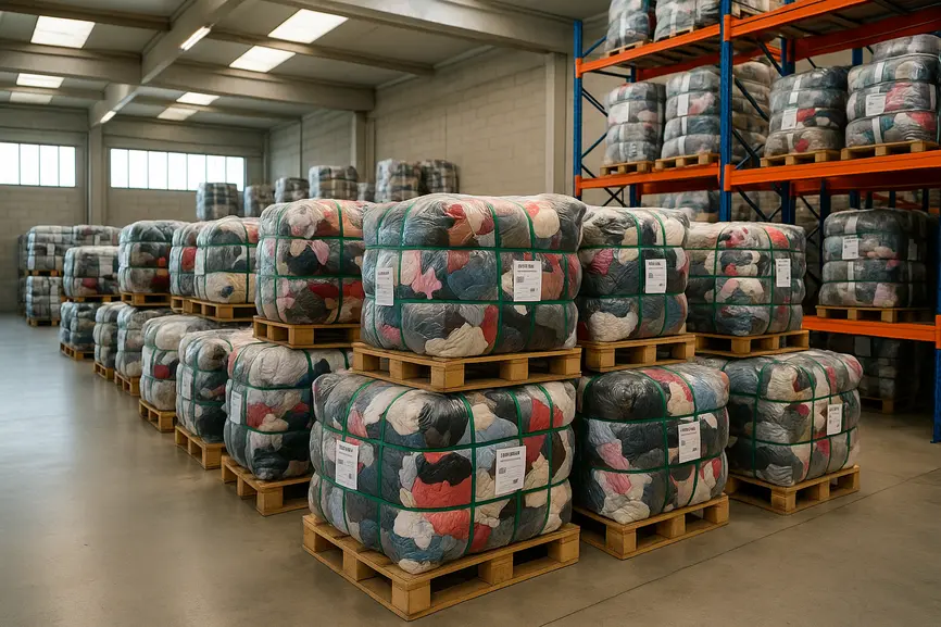 Mid-range view of neatly stacked textile bales in an Italian warehouse for wholesale second-hand clothing.