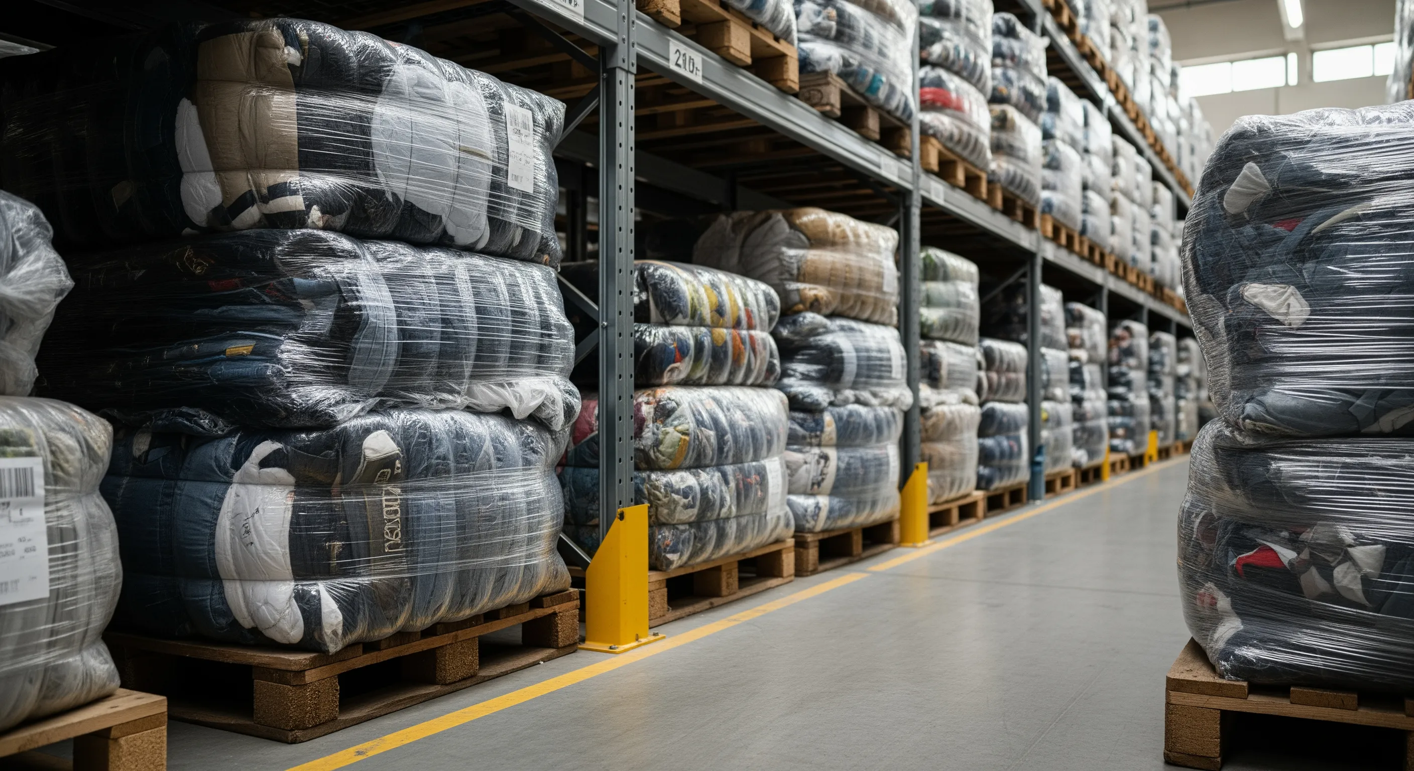 Aisle inside a warehouse showing rows of wrapped bales of used clothing ready for bulk shipment