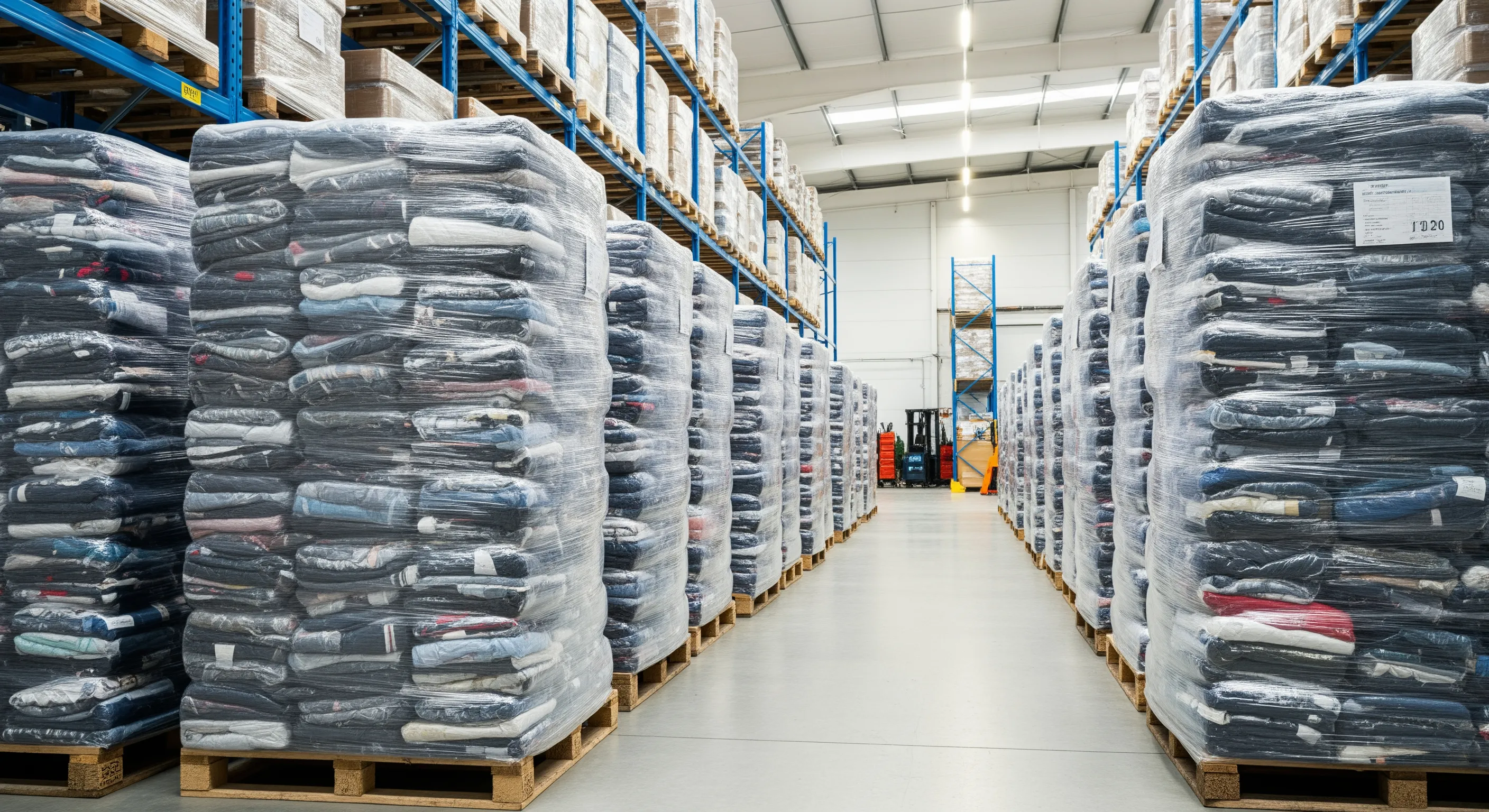 Rows of neatly stacked second-hand clothing bales on pallets inside a bright industrial warehouse aisle