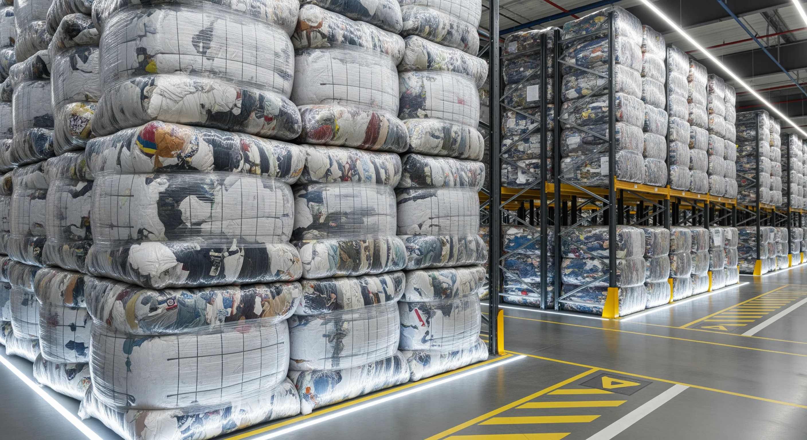 Rows of large tightly wrapped bales of used clothes arranged neatly in a bright, modern warehouse aisle from a mid-angle view
