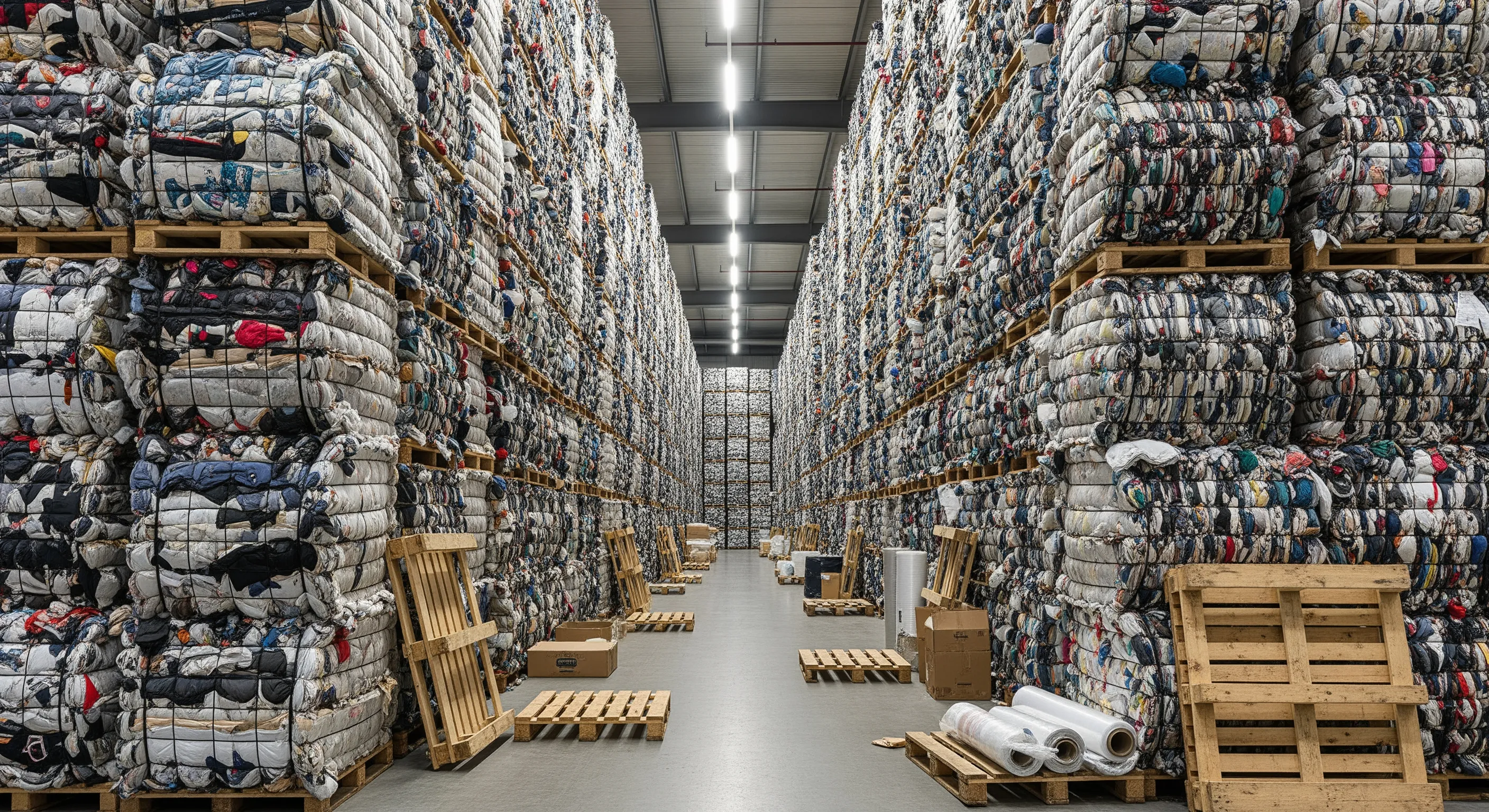 Aisle inside a clean Italian warehouse bordered by tall stacks of compressed clothing bales awaiting shipment, highlighting bulk wholesale operations.