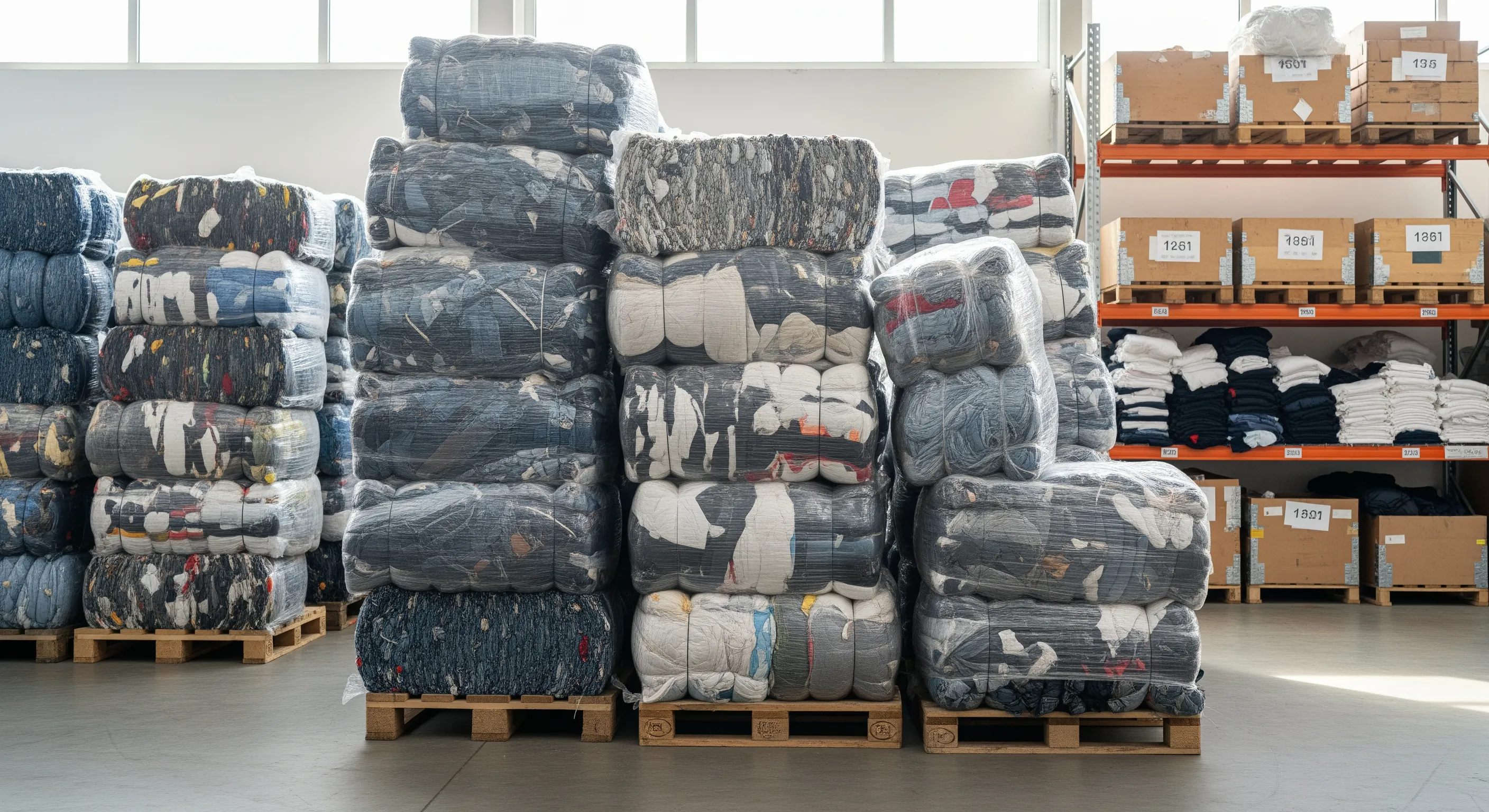Mid-shot of tall pallets with compressed second-hand clothing bales inside a bright and clean warehouse