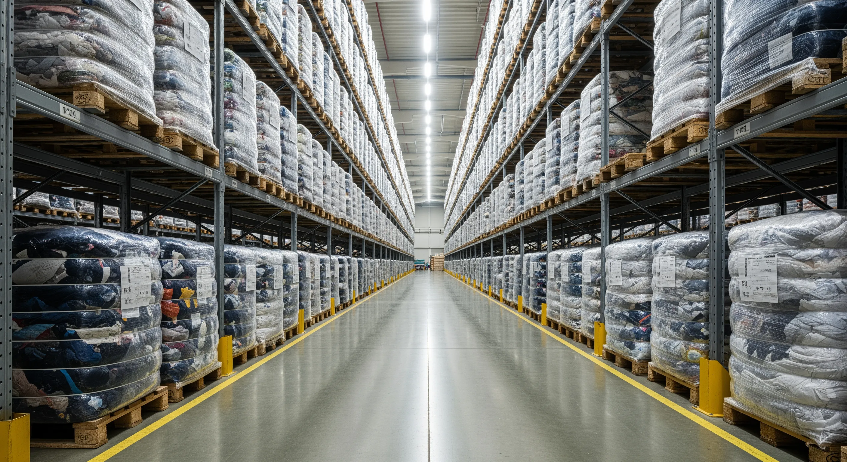 Aisle inside a second-hand clothing warehouse showing rows of palletized compressed clothing bales under industrial lighting.
