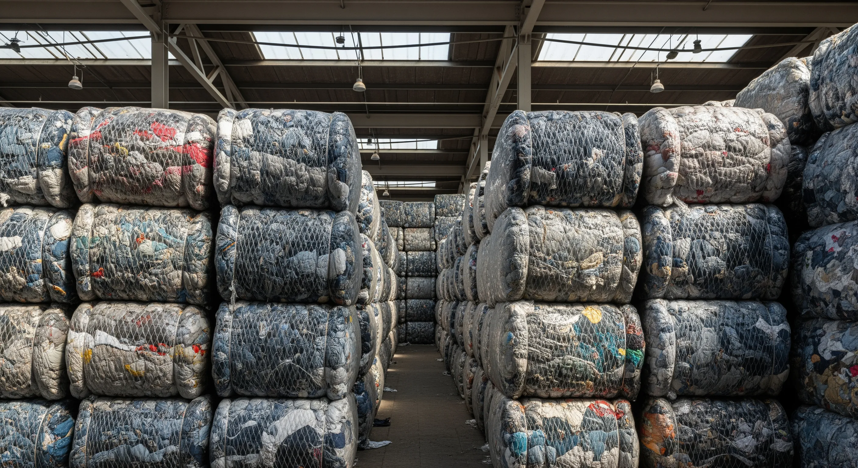 Rows of wrapped bales of second-hand garments stacked on pallets inside a clean, spacious wholesale warehouse