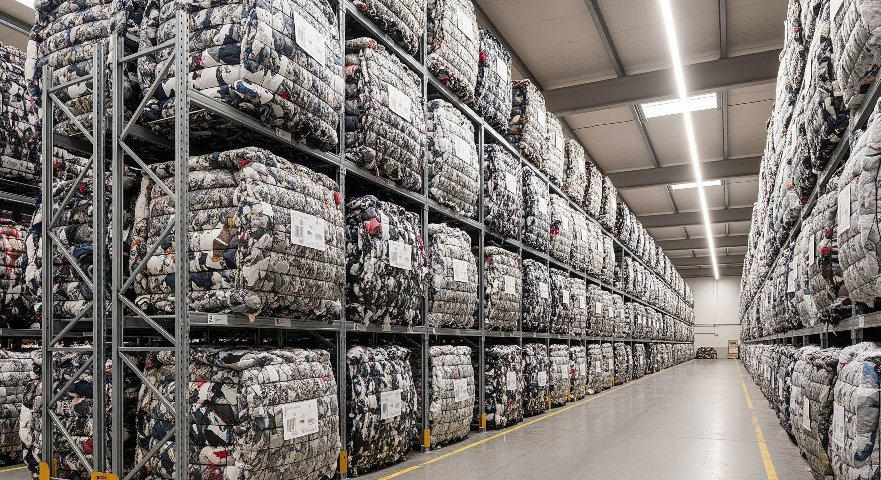 Rows of massive stacked bales of used clothing in a clean warehouse showing scale and order for bulk second-hand clothes buyers