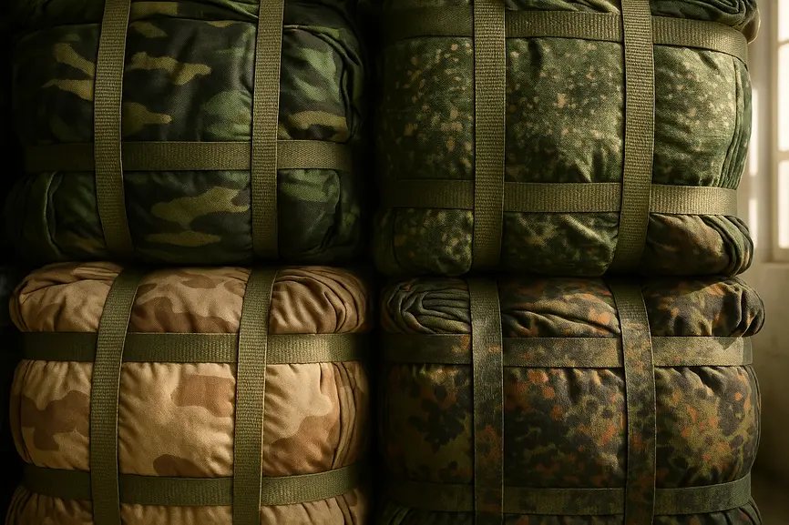 Close-up of military uniform fabric textures and compression straps on bales in a second-hand clothing warehouse.