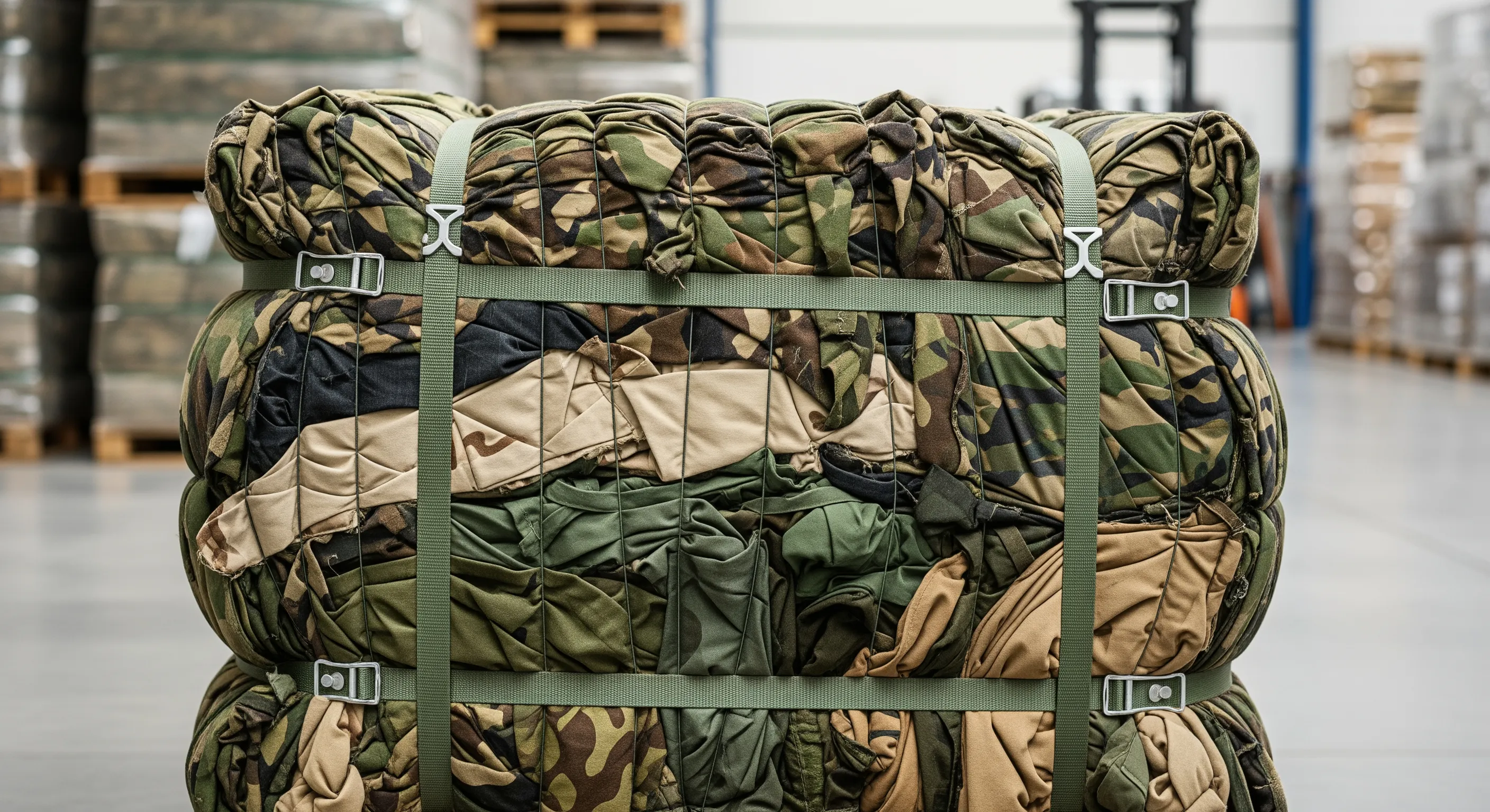 Close-up of a secured bale of abbigliamento militare usato ingrosso tightly bound and ready for bulk shipment in warehouse
