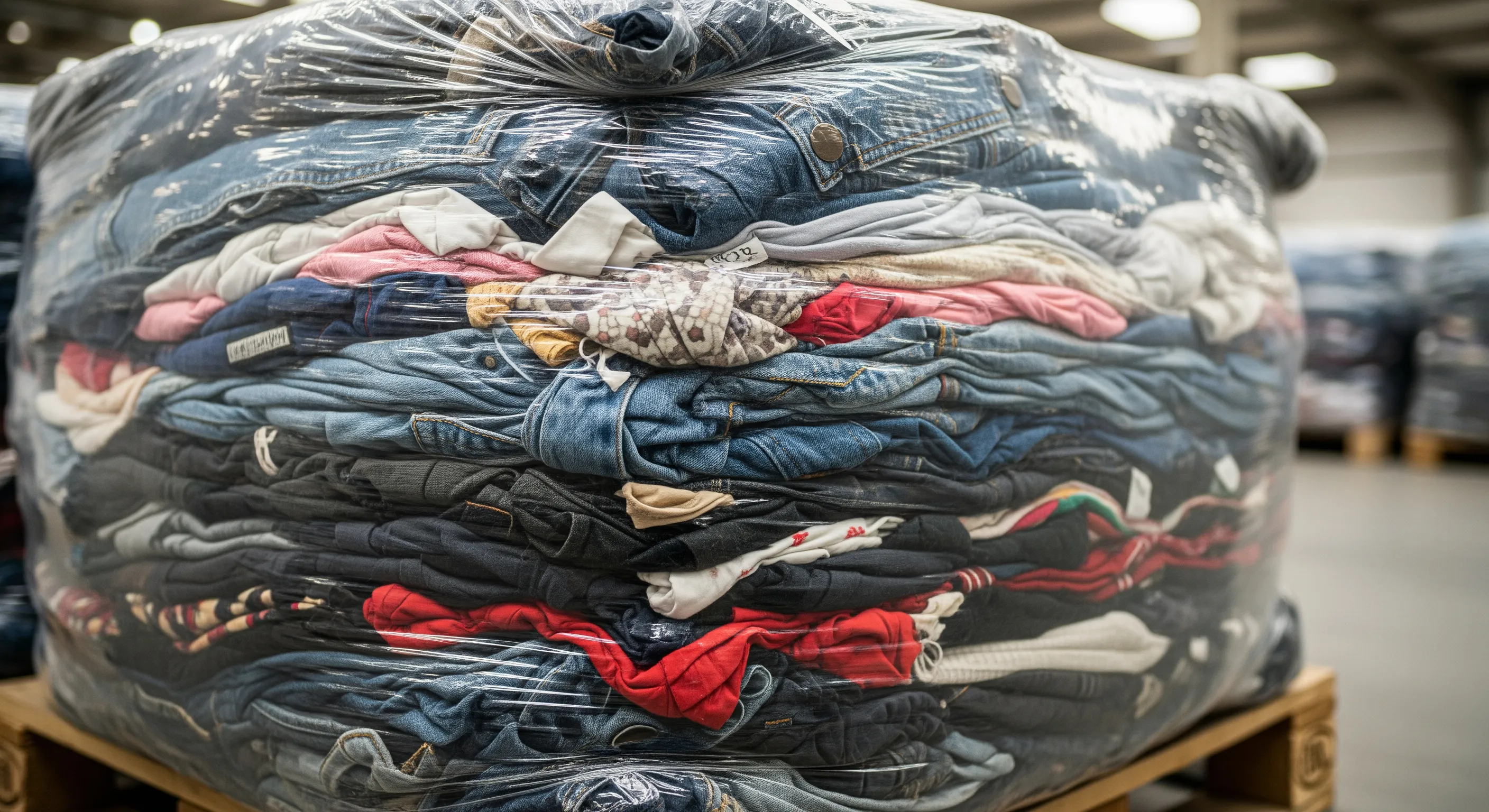 Close-up of a tightly wrapped bale of second-hand clothing with visible fabric textures inside a clean industrial warehouse
