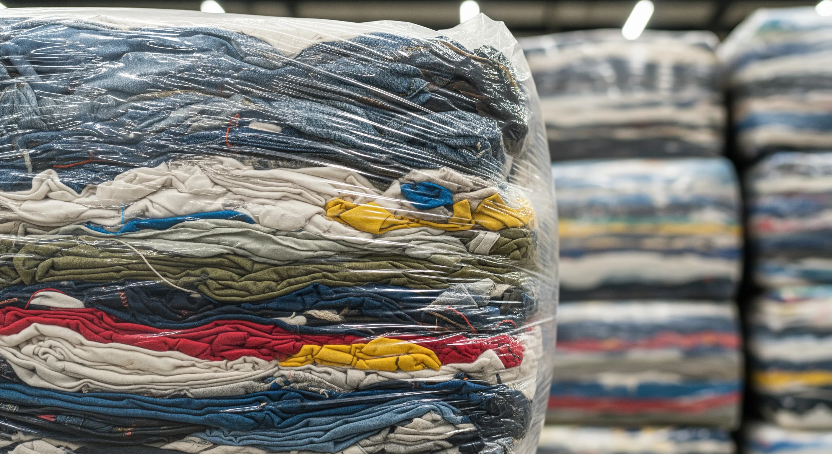 Close-up of plastic-wrapped bales containing mixed fabric material, in a well-lit second-hand clothing warehouse