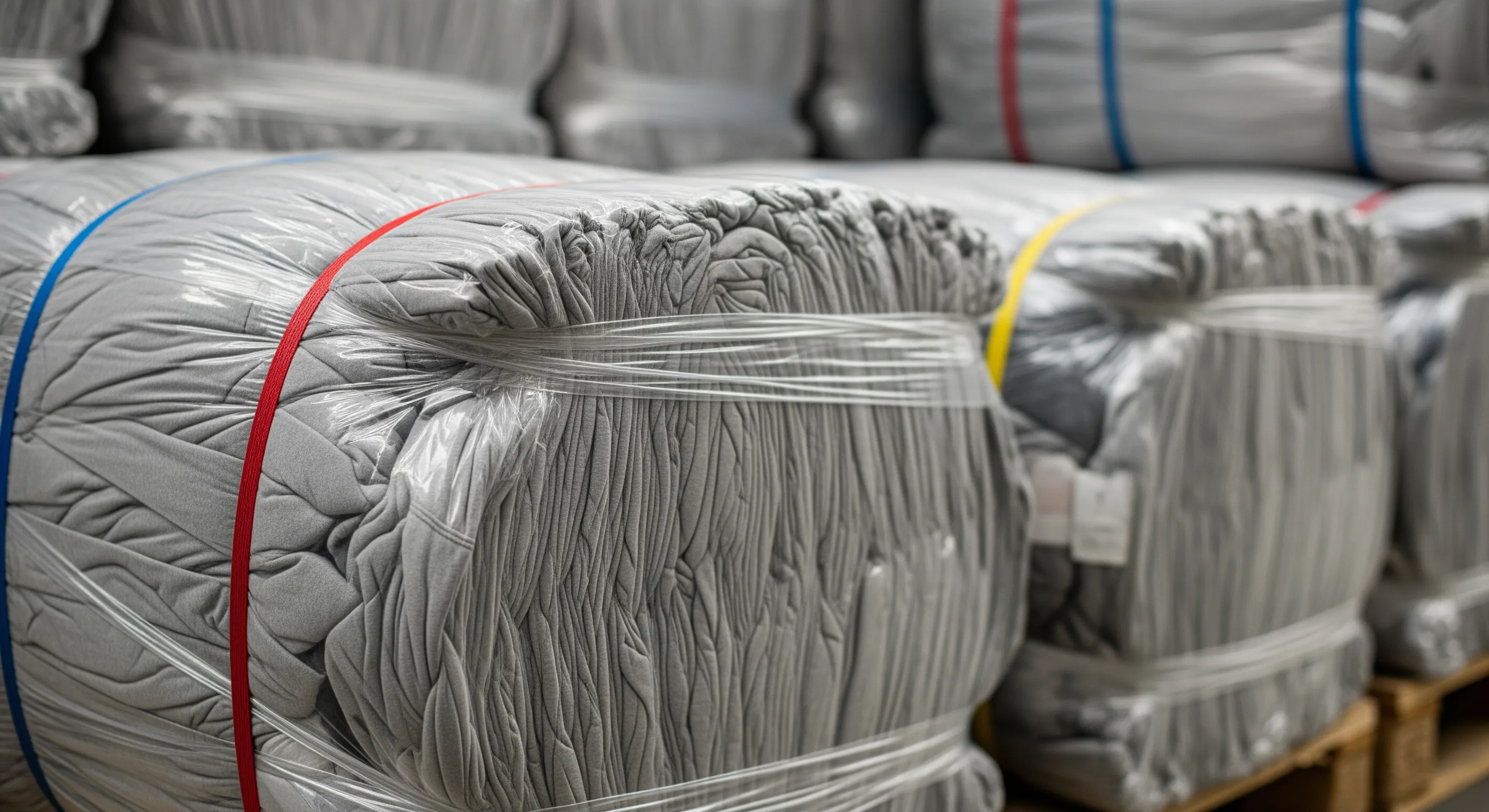 Close-up of compressed bales wrapped in plastic straps showing texture of wholesale stock clothing bundles