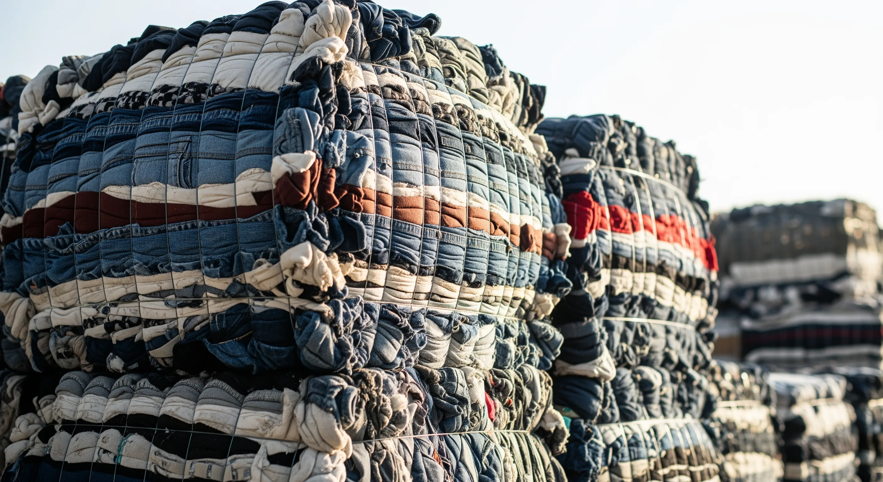 Close-up of tightly packed fabric layers in a large bale of used wholesale clothing with soft natural light